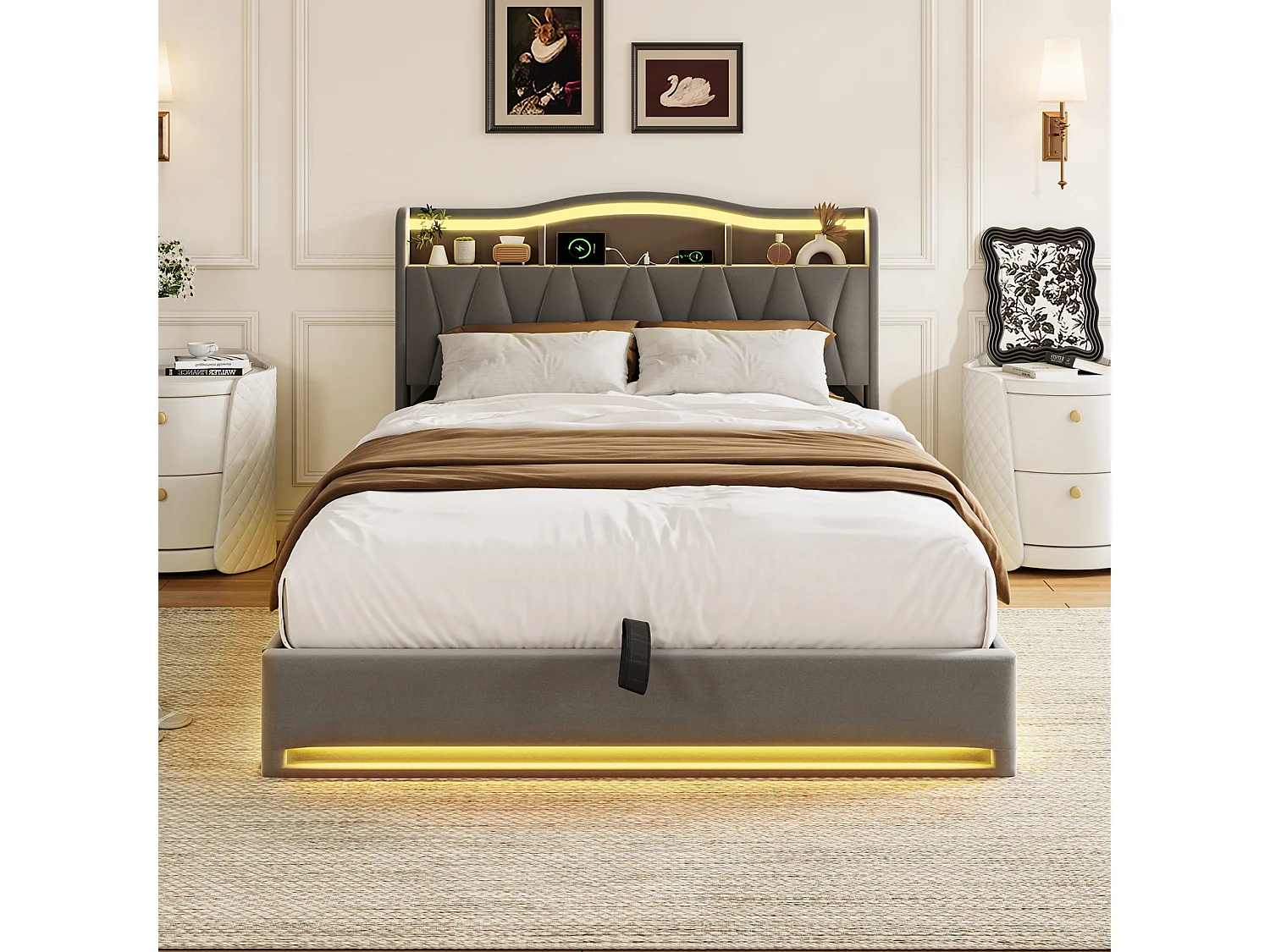 Letto contenitore 140x200 cm - Porte USB e 2 porte Type-C - Testiera a LED con vano contenitore - Struttura letto per adulti con rete a doghe - Velluto - Grigio