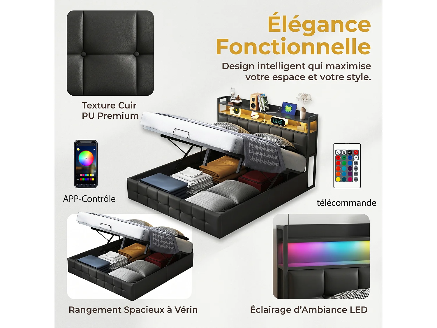 Lit Coffre 140x200CM avec LED & Charge USB/Type-C,Cadre de Lit Double avec sommier,Lits 2 Place pour Adulte,Tissu PU Noir