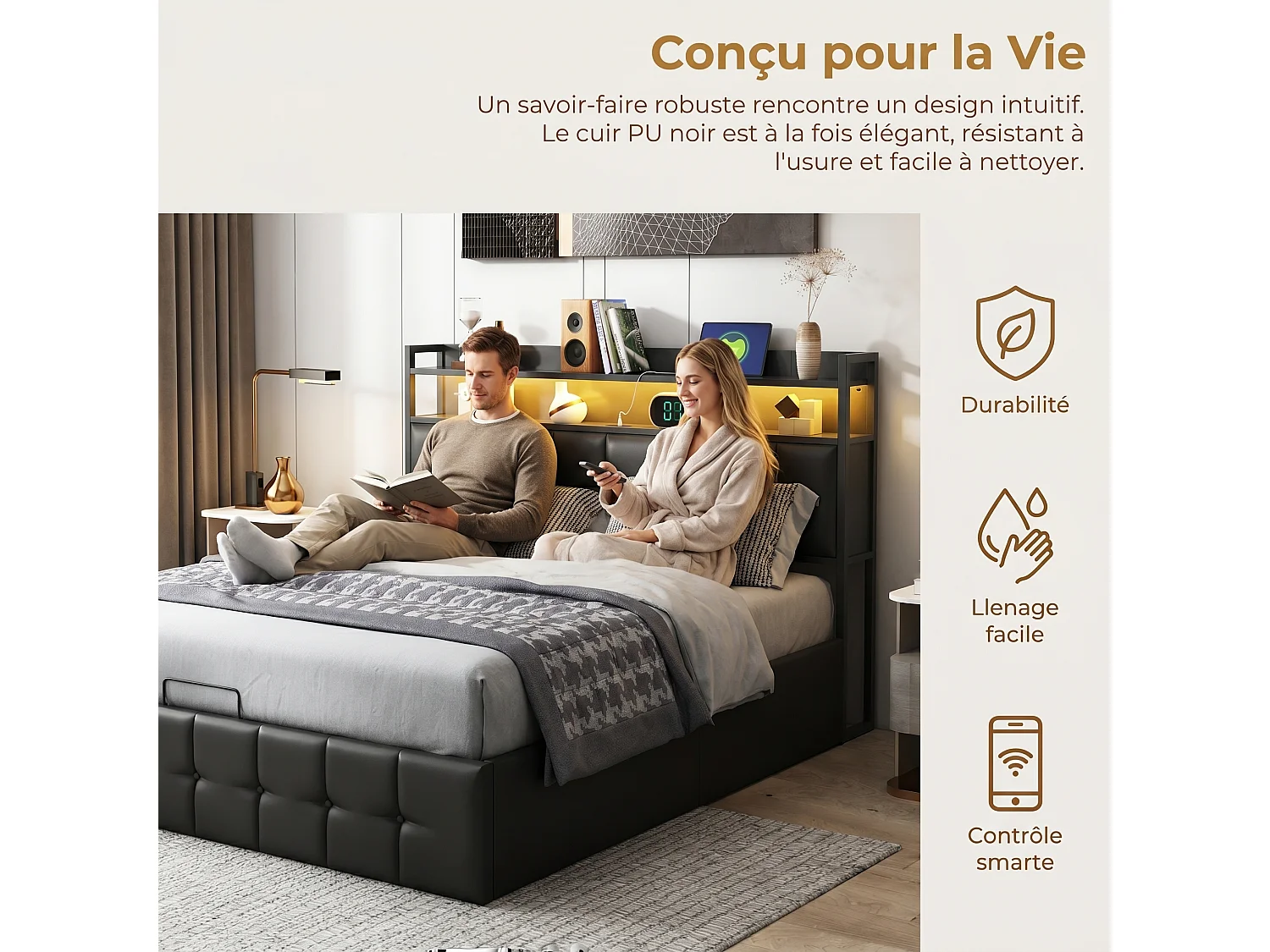 Lit Coffre 140x200CM avec LED & Charge USB/Type-C,Cadre de Lit Double avec sommier,Lits 2 Place pour Adulte,Tissu PU Noir