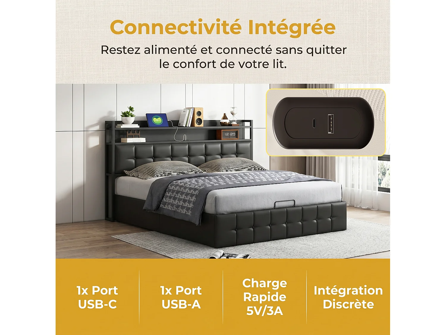 Lit Coffre 140x200CM avec LED & Charge USB/Type-C,Cadre de Lit Double avec sommier,Lits 2 Place pour Adulte,Tissu PU Noir