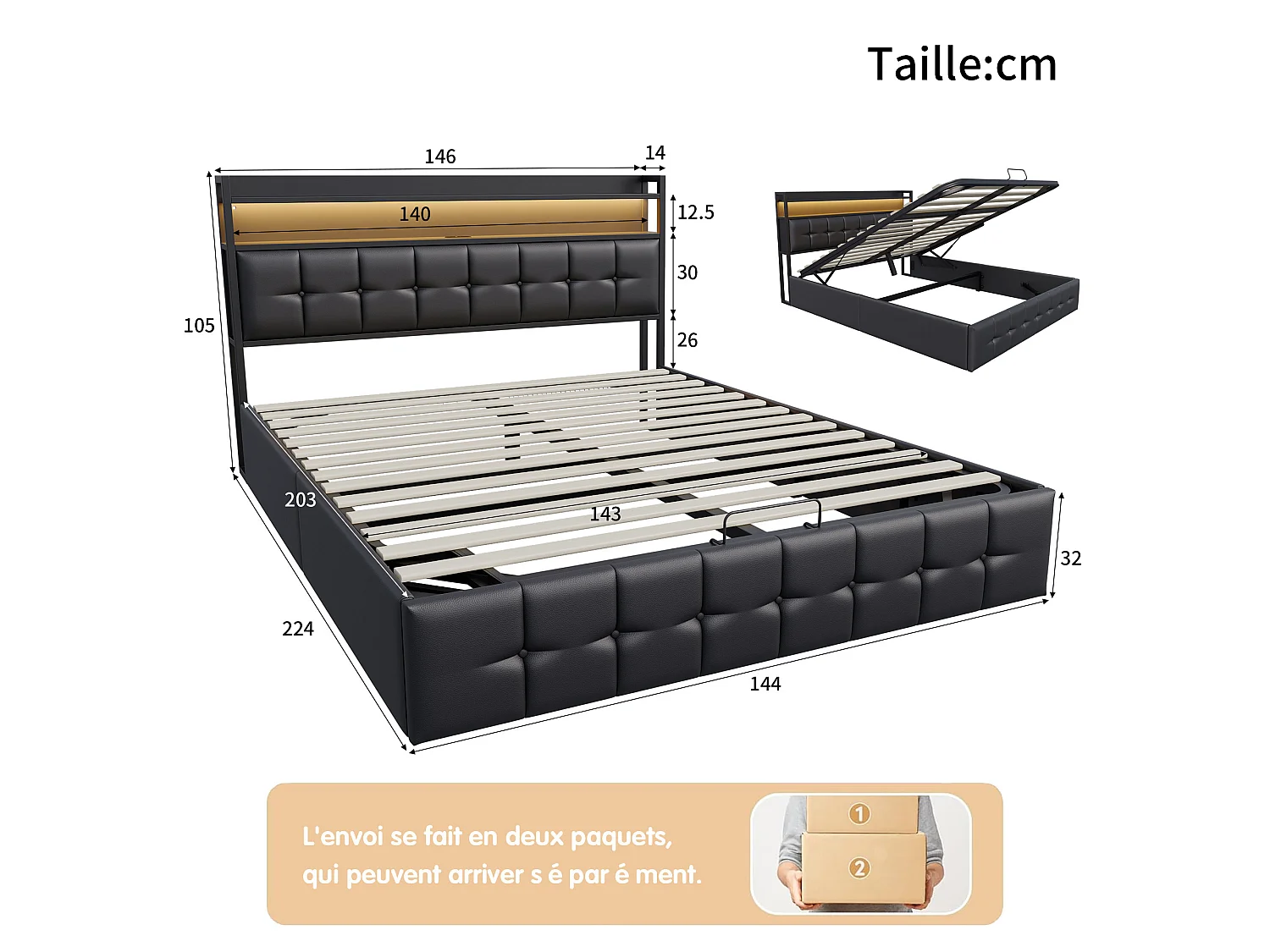 Lit Coffre 140x200CM avec LED & Charge USB/Type-C,Cadre de Lit Double avec sommier,Lits 2 Place pour Adulte,Tissu PU Noir