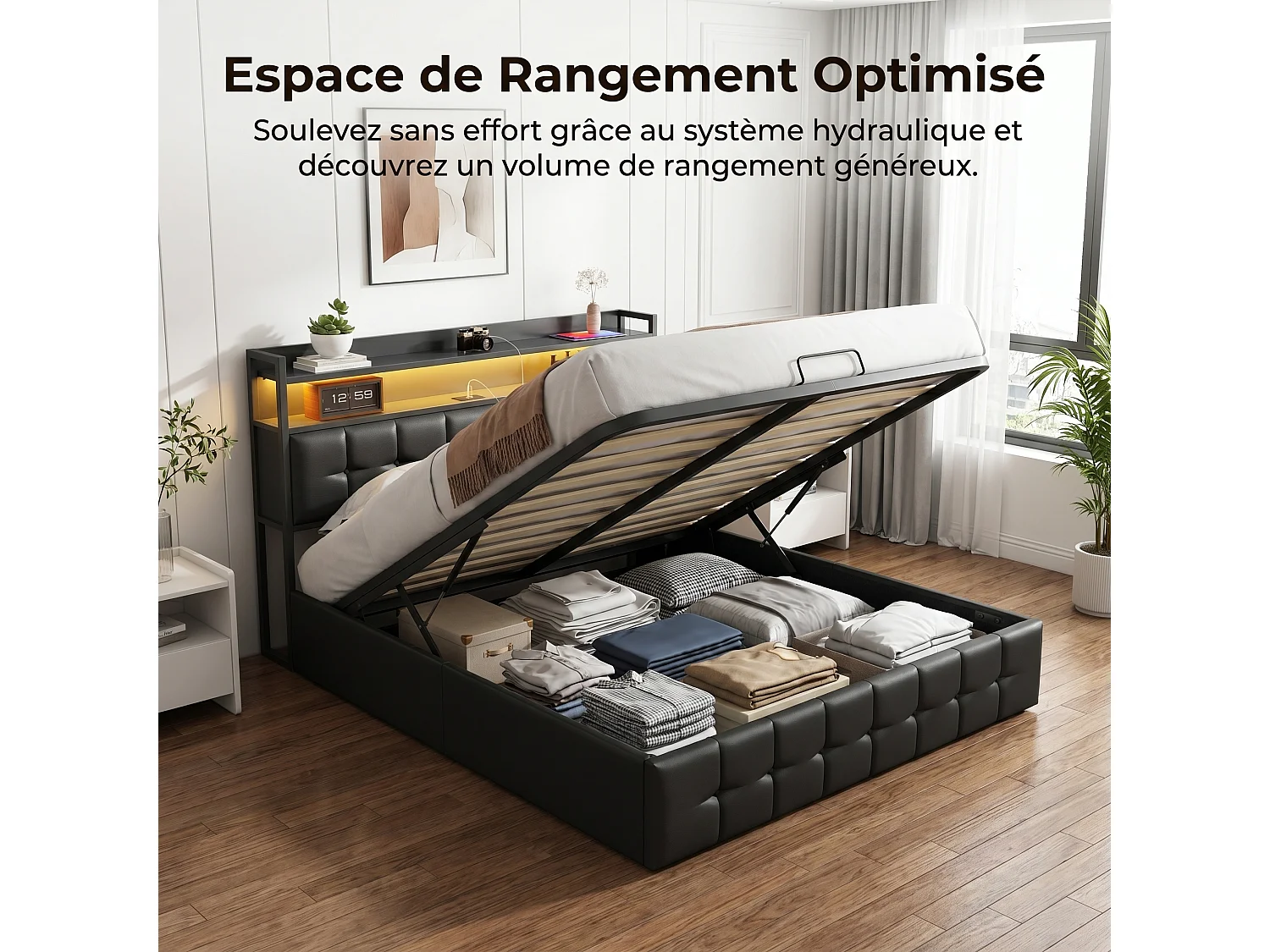 Lit Coffre 140x200CM avec LED & Charge USB/Type-C,Cadre de Lit Double avec sommier,Lits 2 Place pour Adulte,Tissu PU Noir