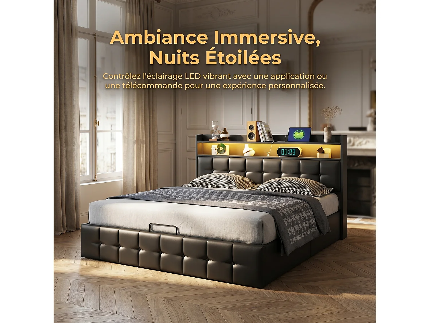 Lit Coffre 140x200CM avec LED & Charge USB/Type-C,Cadre de Lit Double avec sommier,Lits 2 Place pour Adulte,Tissu PU Noir