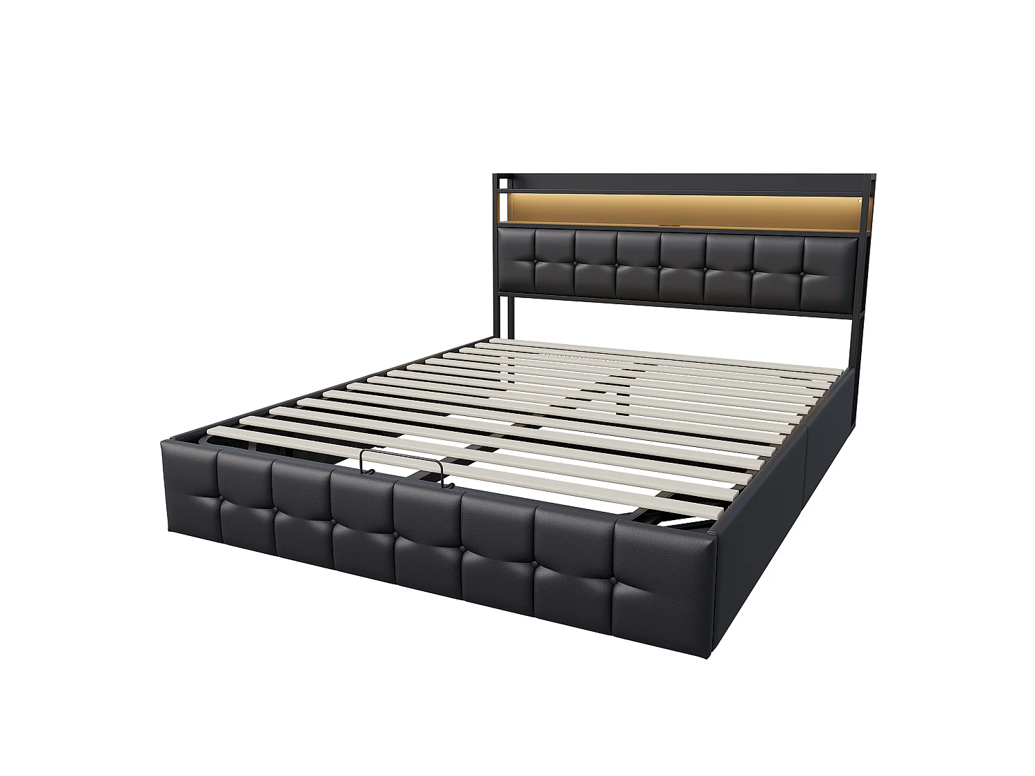 Lit Coffre 140x200CM avec LED & Charge USB/Type-C,Cadre de Lit Double avec sommier,Lits 2 Place pour Adulte,Tissu PU Noir