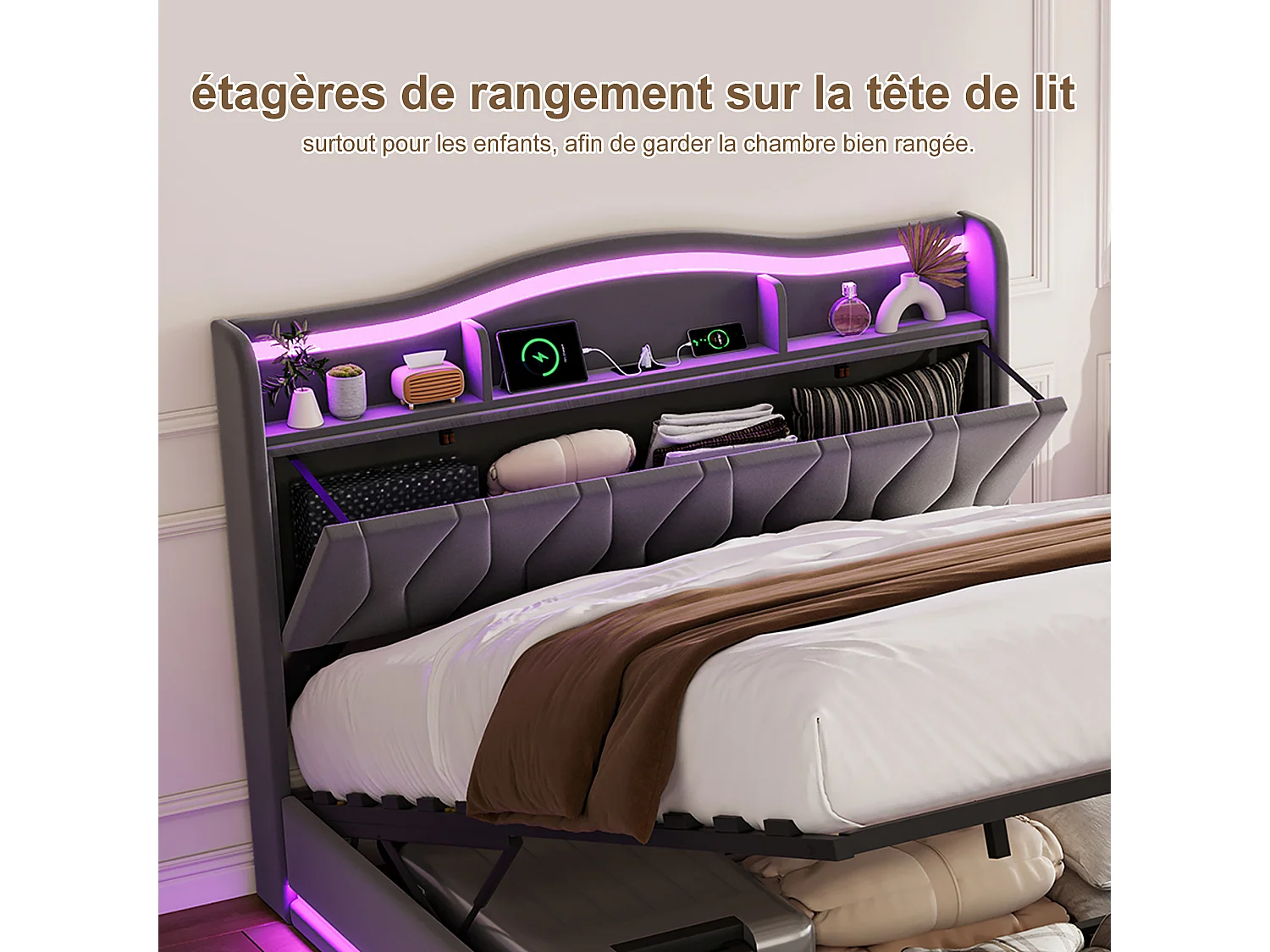 Lit coffre 160x200cm - Ports USB et 2 Port Type-C - Tête de lit LED avec rangement - Cadre de Lit adulte avec sommier - Lit 2 place - Velours - Gris