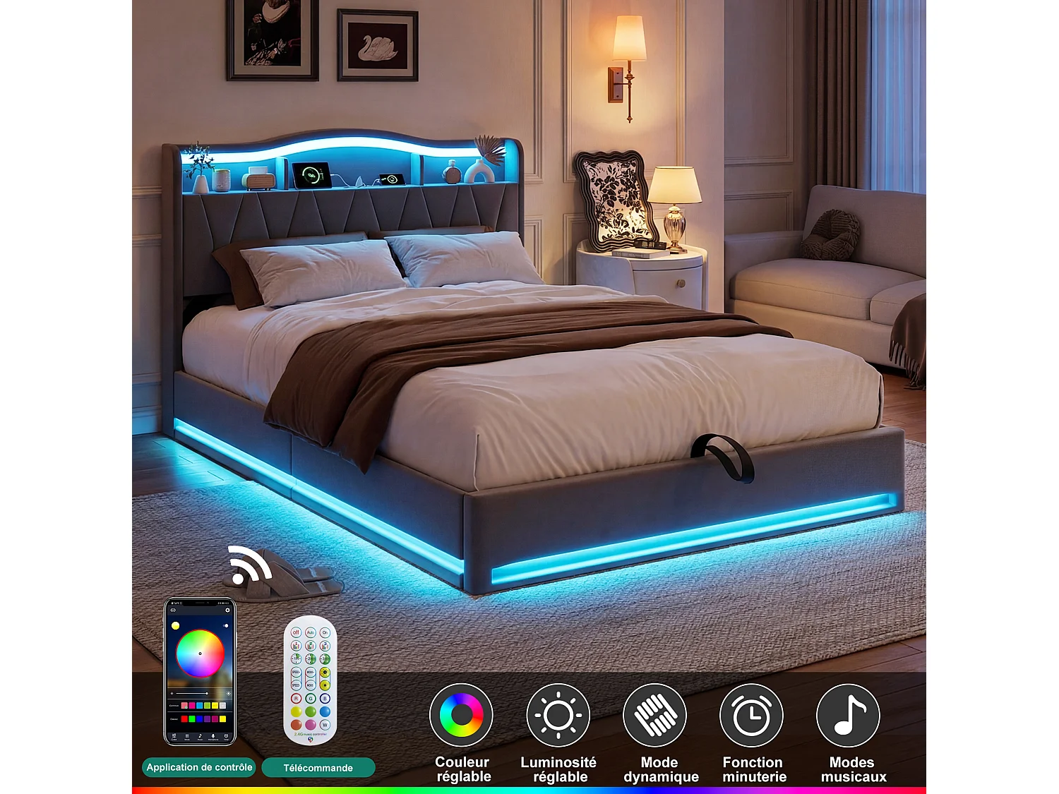 Lit coffre 160x200cm - Ports USB et 2 Port Type-C - Tête de lit LED avec rangement - Cadre de Lit adulte avec sommier - Lit 2 place - Velours - Gris