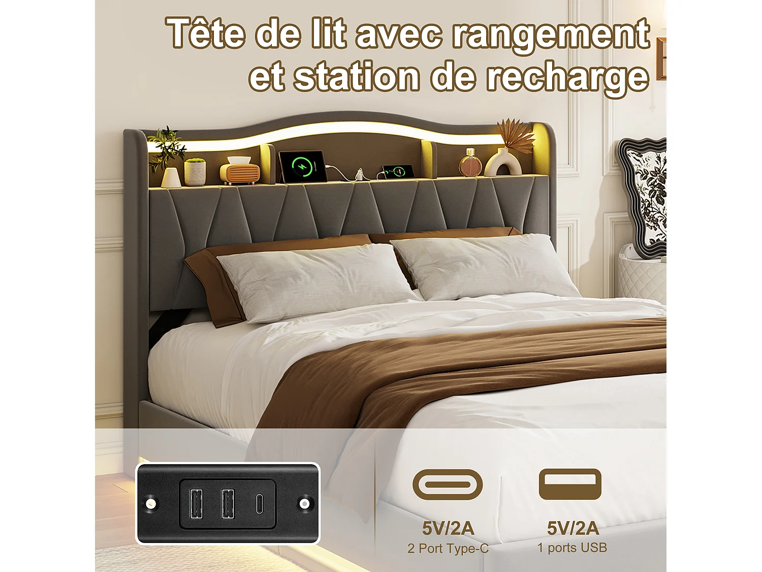 Lit coffre 160x200cm - Ports USB et 2 Port Type-C - Tête de lit LED avec rangement - Cadre de Lit adulte avec sommier - Lit 2 place - Velours - Gris