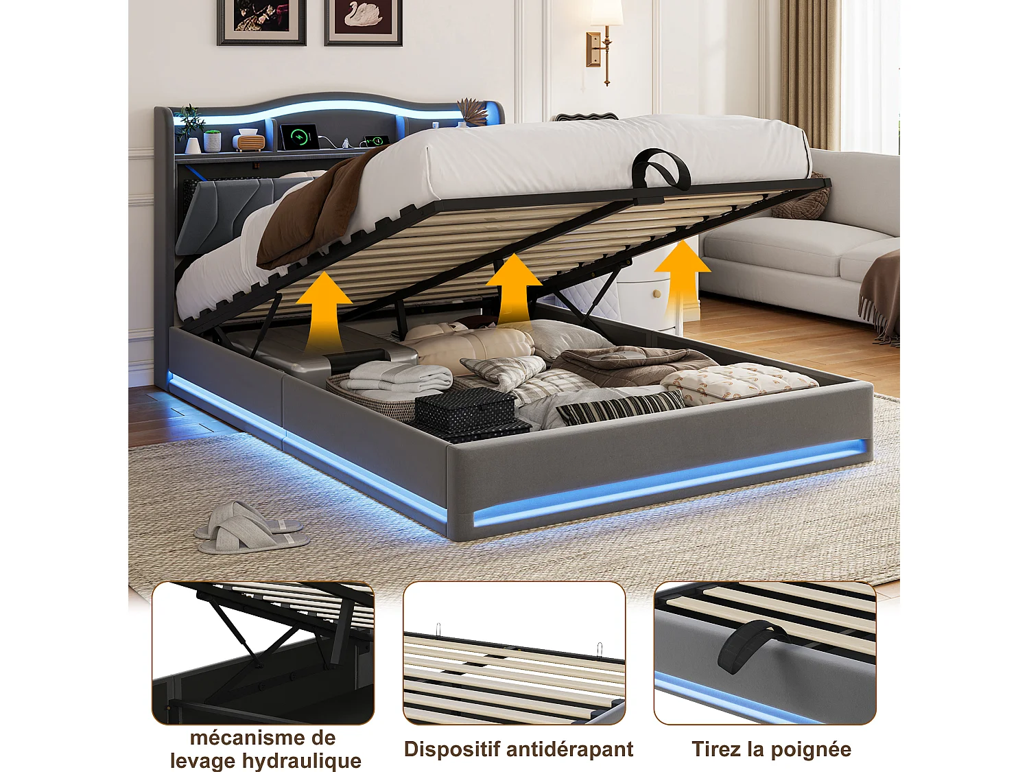 Lit coffre 160x200cm - Ports USB et 2 Port Type-C - Tête de lit LED avec rangement - Cadre de Lit adulte avec sommier - Lit 2 place - Velours - Gris