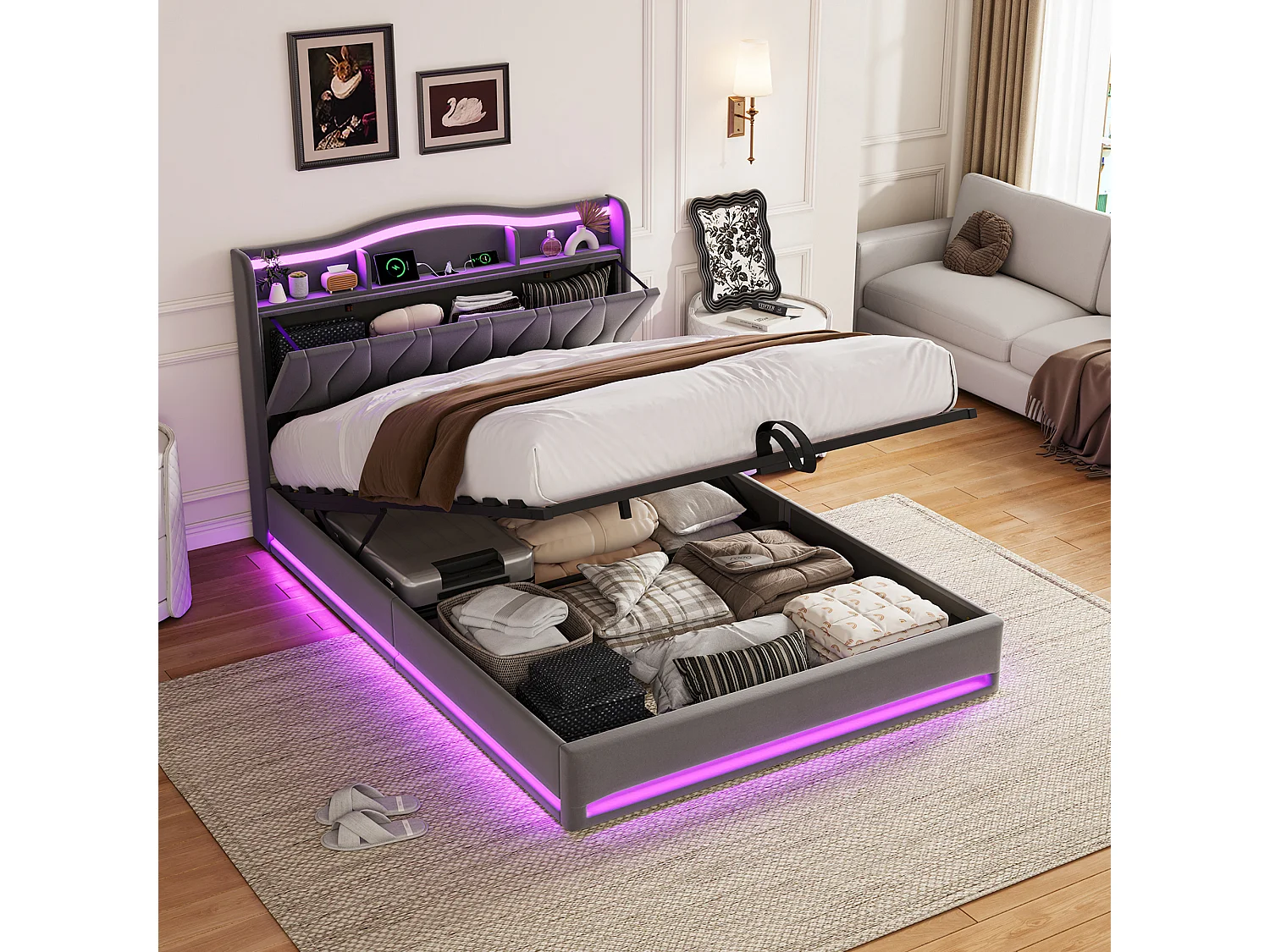Lit coffre 160x200cm - Ports USB et 2 Port Type-C - Tête de lit LED avec rangement - Cadre de Lit adulte avec sommier - Lit 2 place - Velours - Gris
