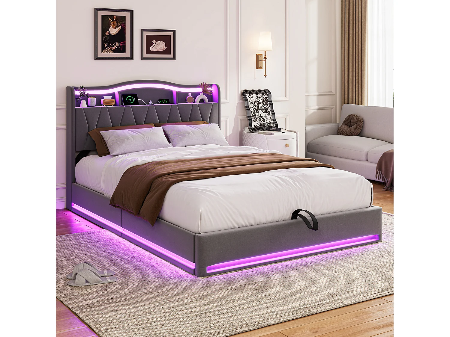 Lit coffre 160x200cm - Ports USB et 2 Port Type-C - Tête de lit LED avec rangement - Cadre de Lit adulte avec sommier - Lit 2 place - Velours - Gris
