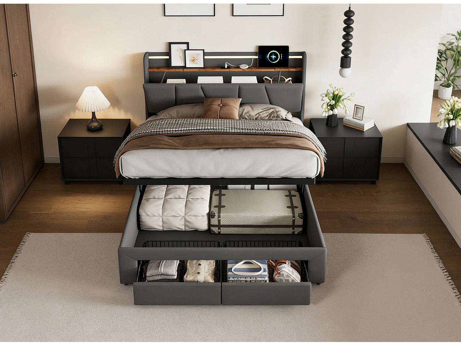 Lit Coffre 140x190 avec LED et Charge USB/Type-C & 2 Tiroirs,Tête de lit avec rangement,cadre de lit 2 place avec sommier,Gris foncé