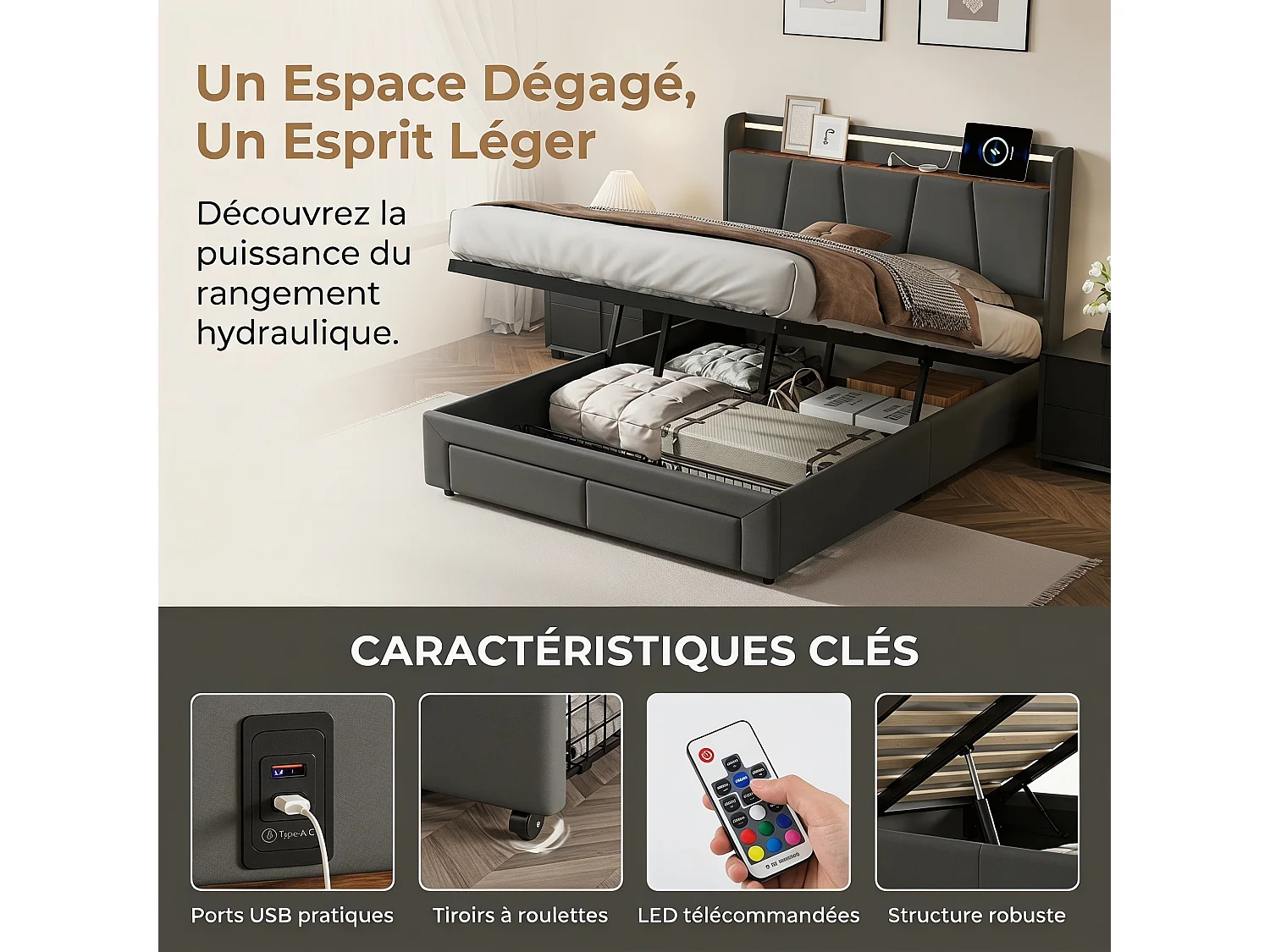 Lit Coffre 140x190 avec LED et Charge USB/Type-C & 2 Tiroirs,Tête de lit avec rangement,cadre de lit 2 place avec sommier,Gris foncé