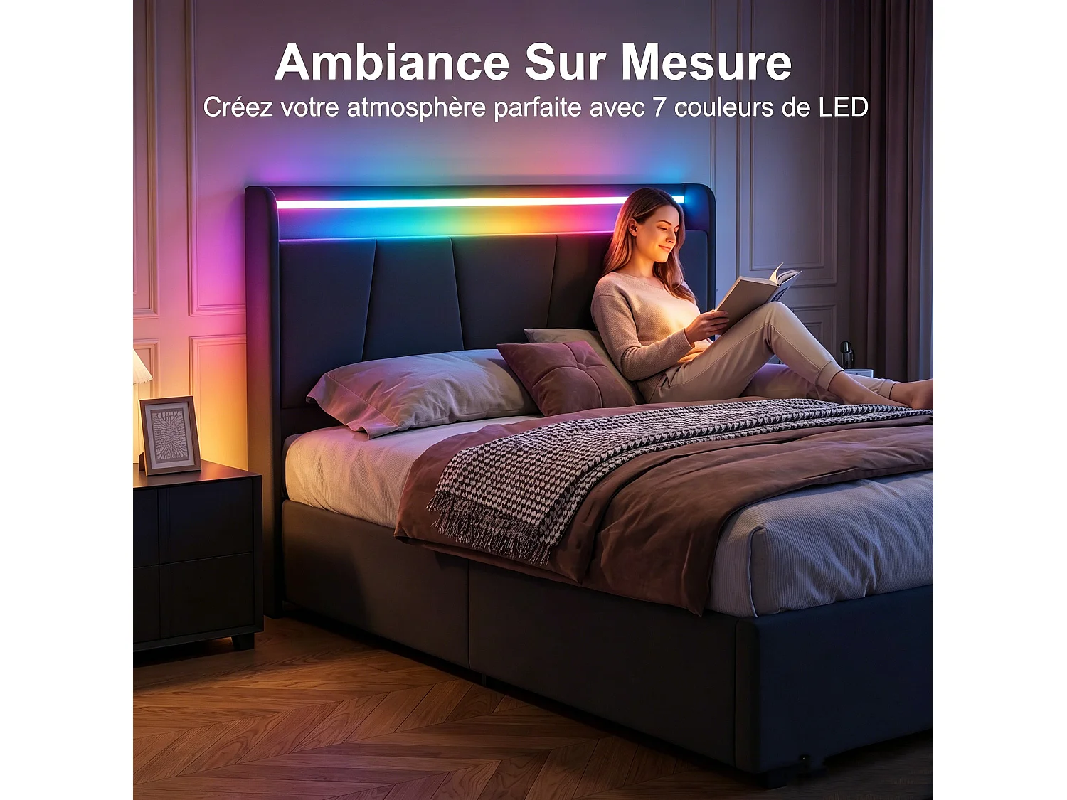 Lit Coffre 140x190 avec LED et Charge USB/Type-C & 2 Tiroirs,Tête de lit avec rangement,cadre de lit 2 place avec sommier,Gris foncé