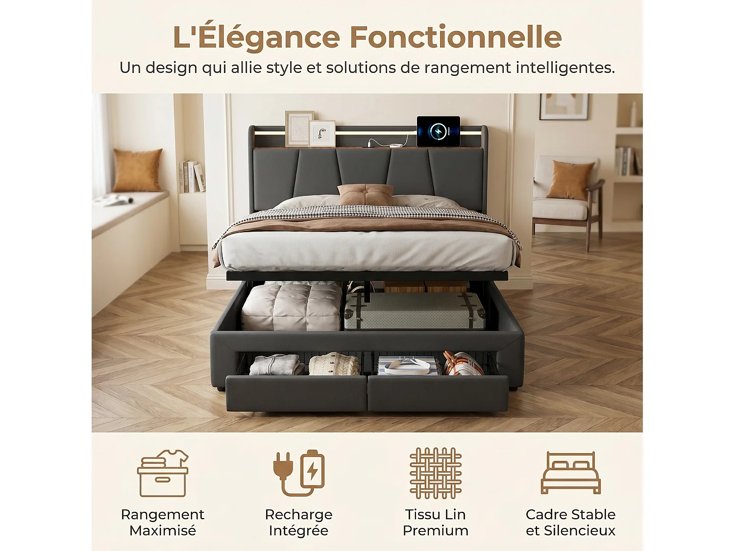 Lit Coffre 140x190 avec LED et Charge USB/Type-C & 2 Tiroirs,Tête de lit avec rangement,cadre de lit 2 place avec sommier,Gris foncé