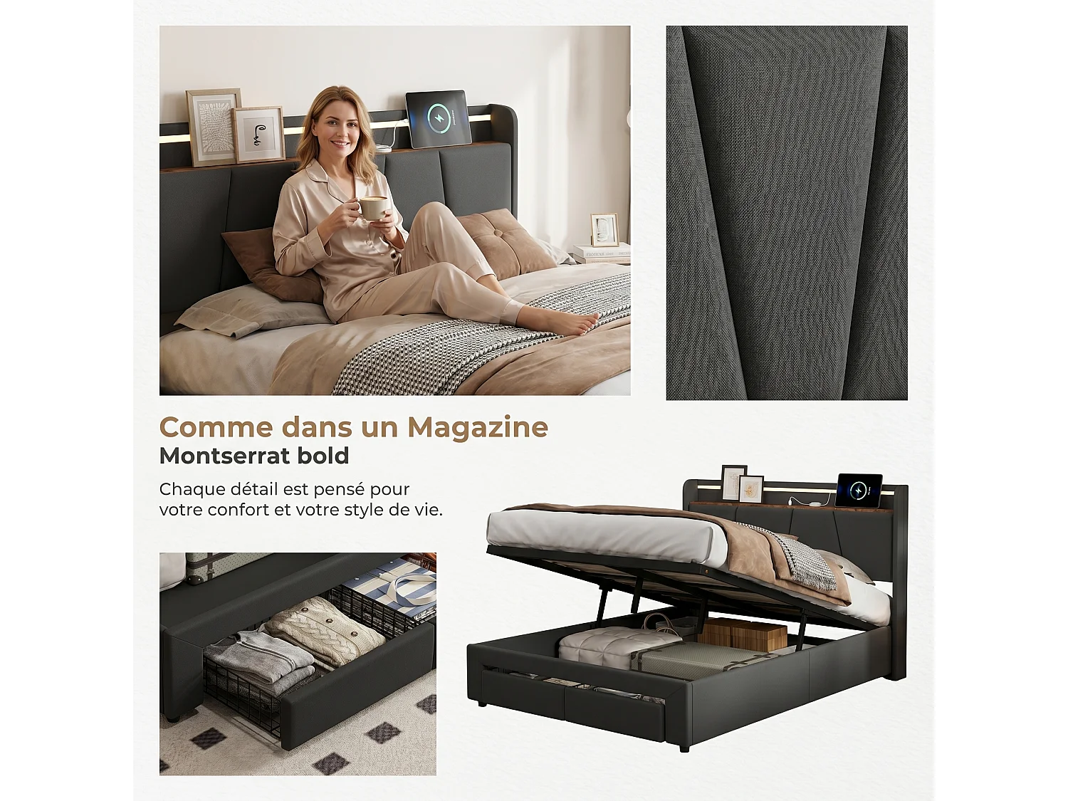 Lit Coffre 140x190 avec LED et Charge USB/Type-C & 2 Tiroirs,Tête de lit avec rangement,cadre de lit 2 place avec sommier,Gris foncé