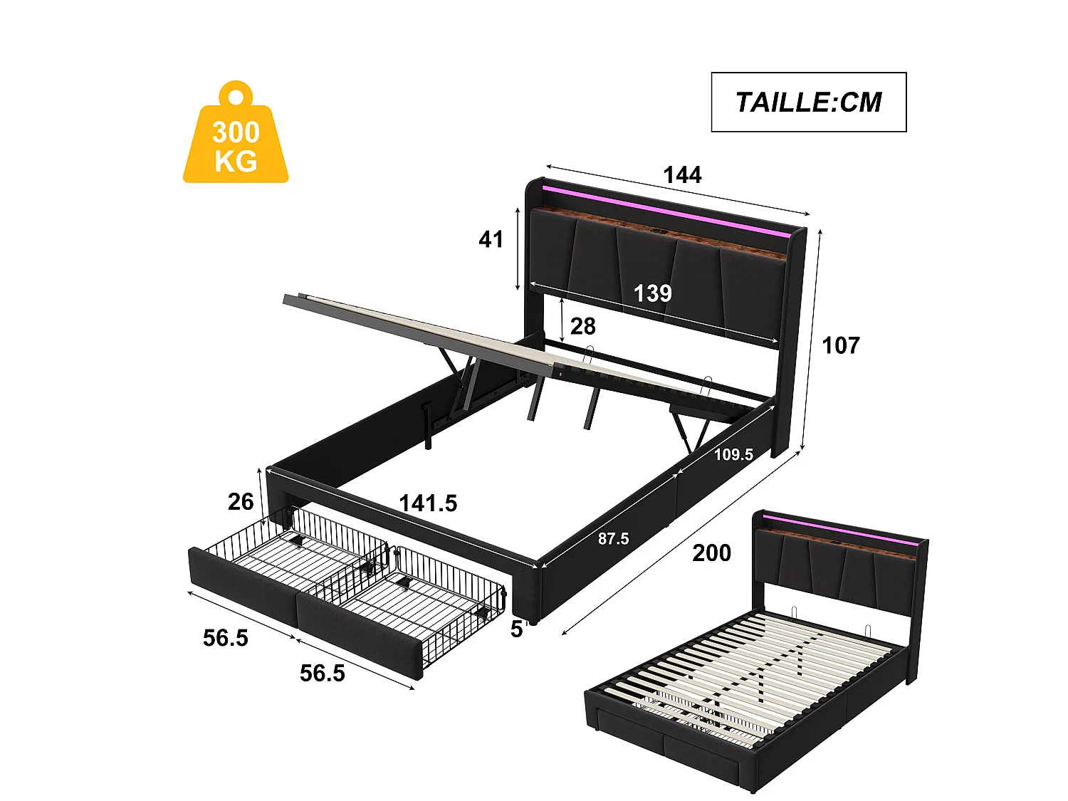 Lit Coffre 140x190 avec LED et Charge USB/Type-C & 2 Tiroirs,Tête de lit avec rangement,cadre de lit 2 place avec sommier,Gris foncé