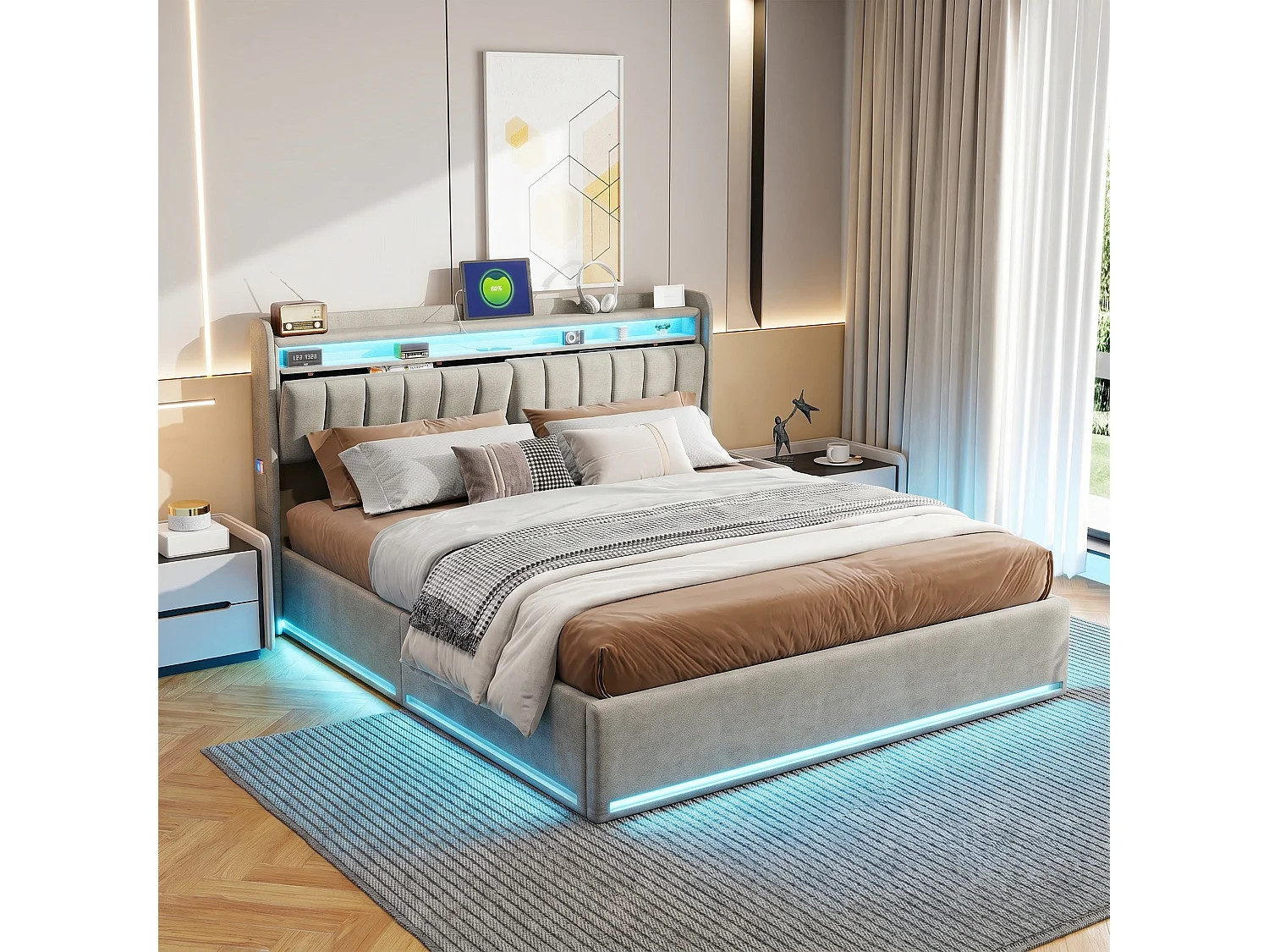 Lit coffre double 160x200 LED RGB - Capitonné velours gris - Recharge USB/Type-C - Tête de lit rangement - Sommier inclus