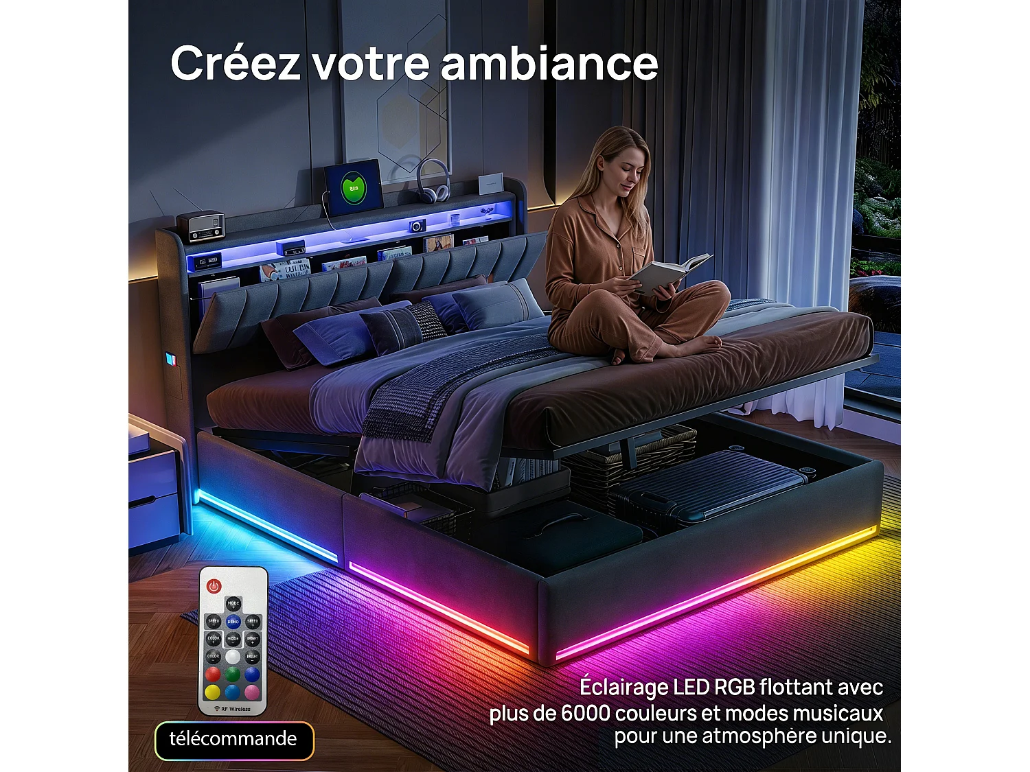 Lit coffre double 160x200 LED RGB - Capitonné velours gris - Recharge USB/Type-C - Tête de lit rangement - Sommier inclus