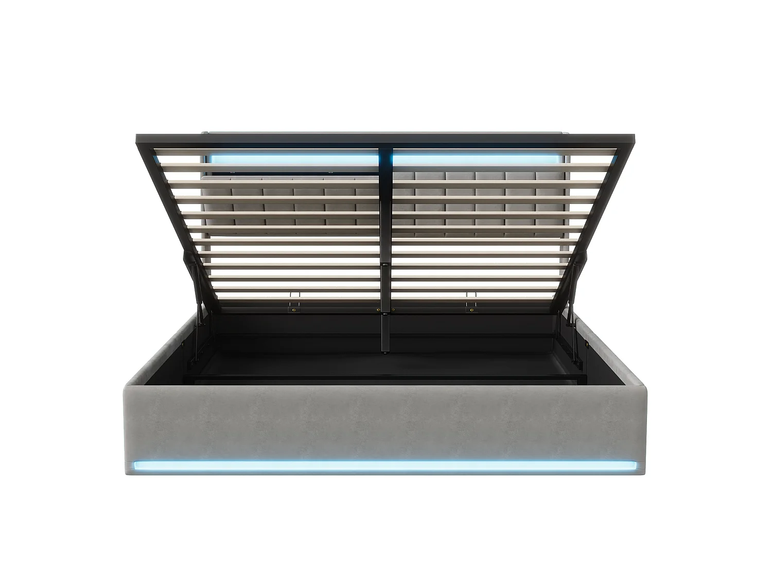 Lit coffre double 160x200 LED RGB - Capitonné velours gris - Recharge USB/Type-C - Tête de lit rangement - Sommier inclus