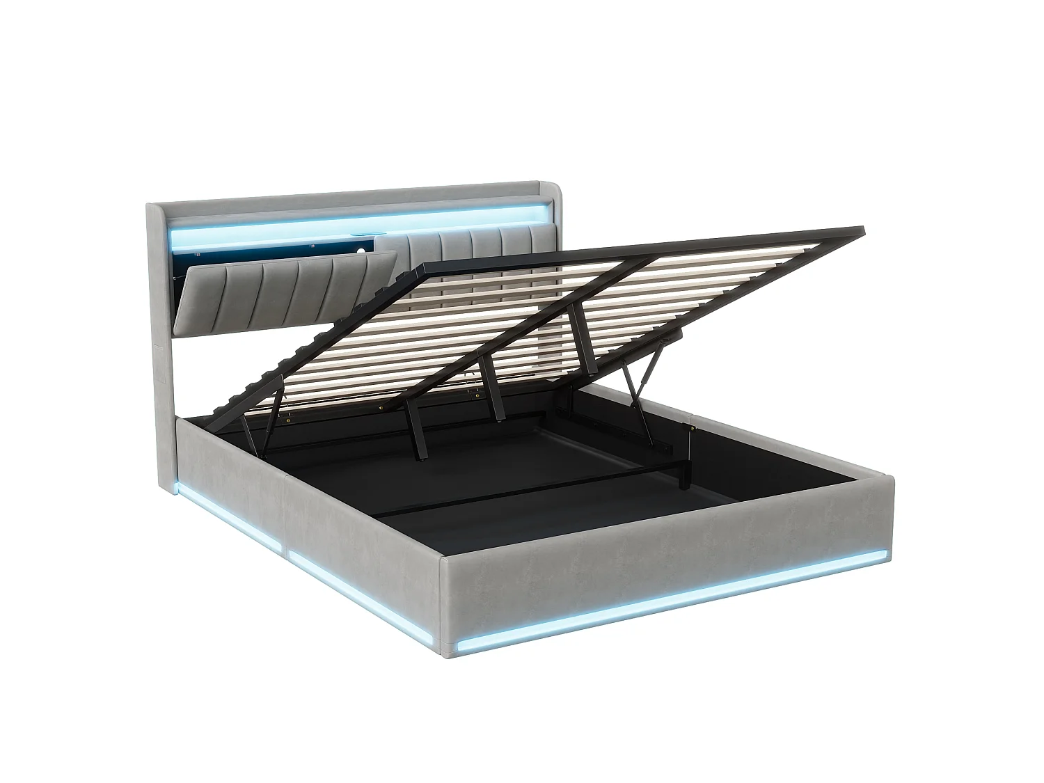 Lit coffre double 160x200 LED RGB - Capitonné velours gris - Recharge USB/Type-C - Tête de lit rangement - Sommier inclus