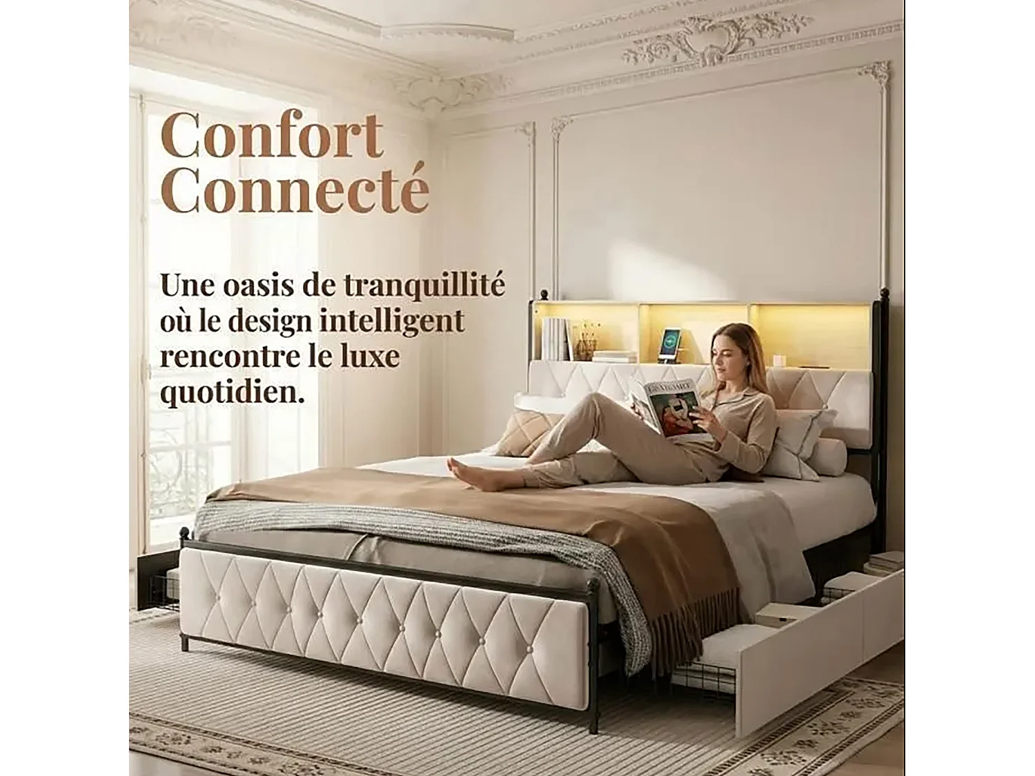 Lit Double 180x200cm avec LED et 4 Tiroirs,Compartiments de Rangement dans la tête de Lit,Charge USB/Type-C,Beige-Velours