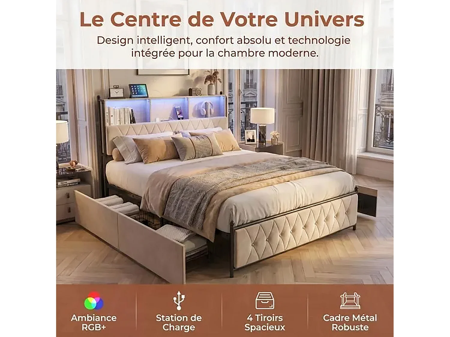 Lit Double 180x200cm avec LED et 4 Tiroirs,Compartiments de Rangement dans la tête de Lit,Charge USB/Type-C,Beige-Velours
