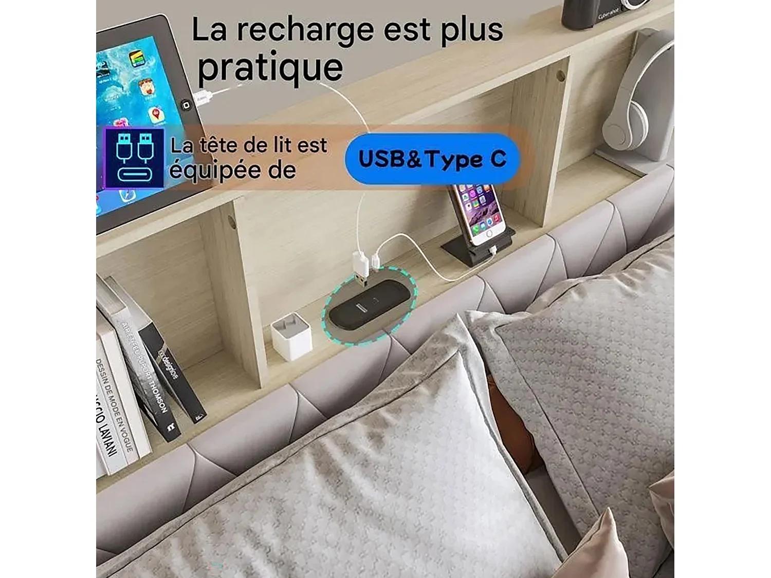 Lit Double 180x200cm avec LED et 4 Tiroirs,Compartiments de Rangement dans la tête de Lit,Charge USB/Type-C,Beige-Velours