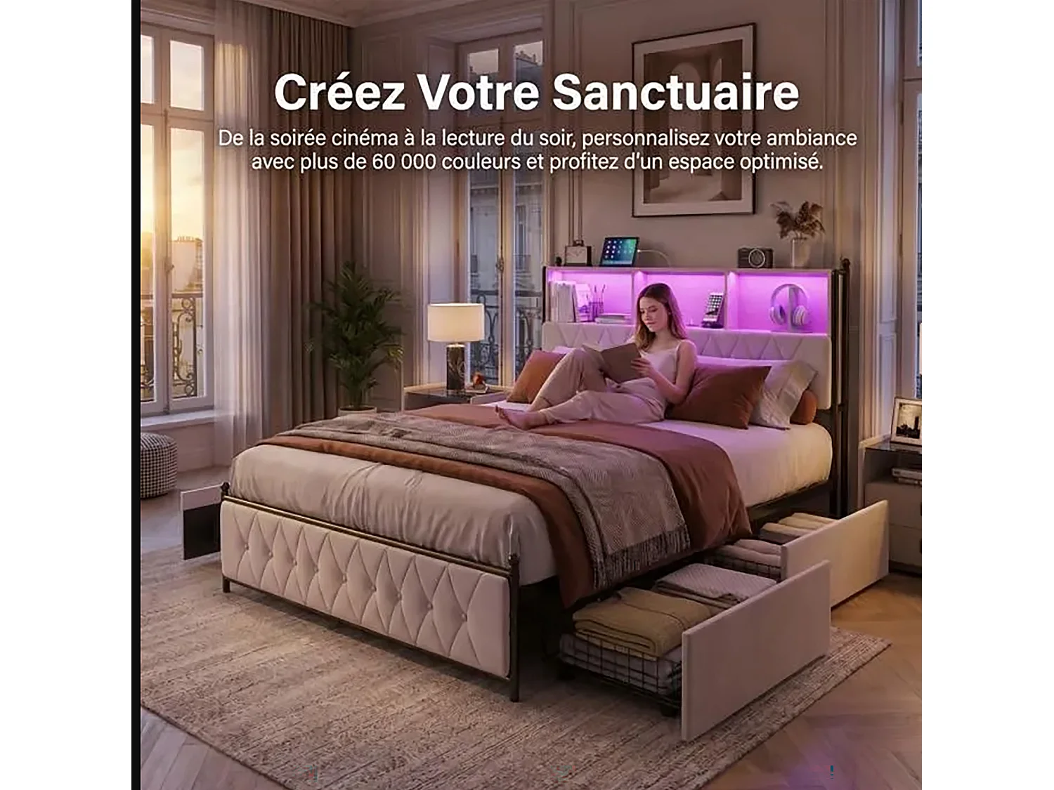 Lit Double 180x200cm avec LED et 4 Tiroirs,Compartiments de Rangement dans la tête de Lit,Charge USB/Type-C,Beige-Velours