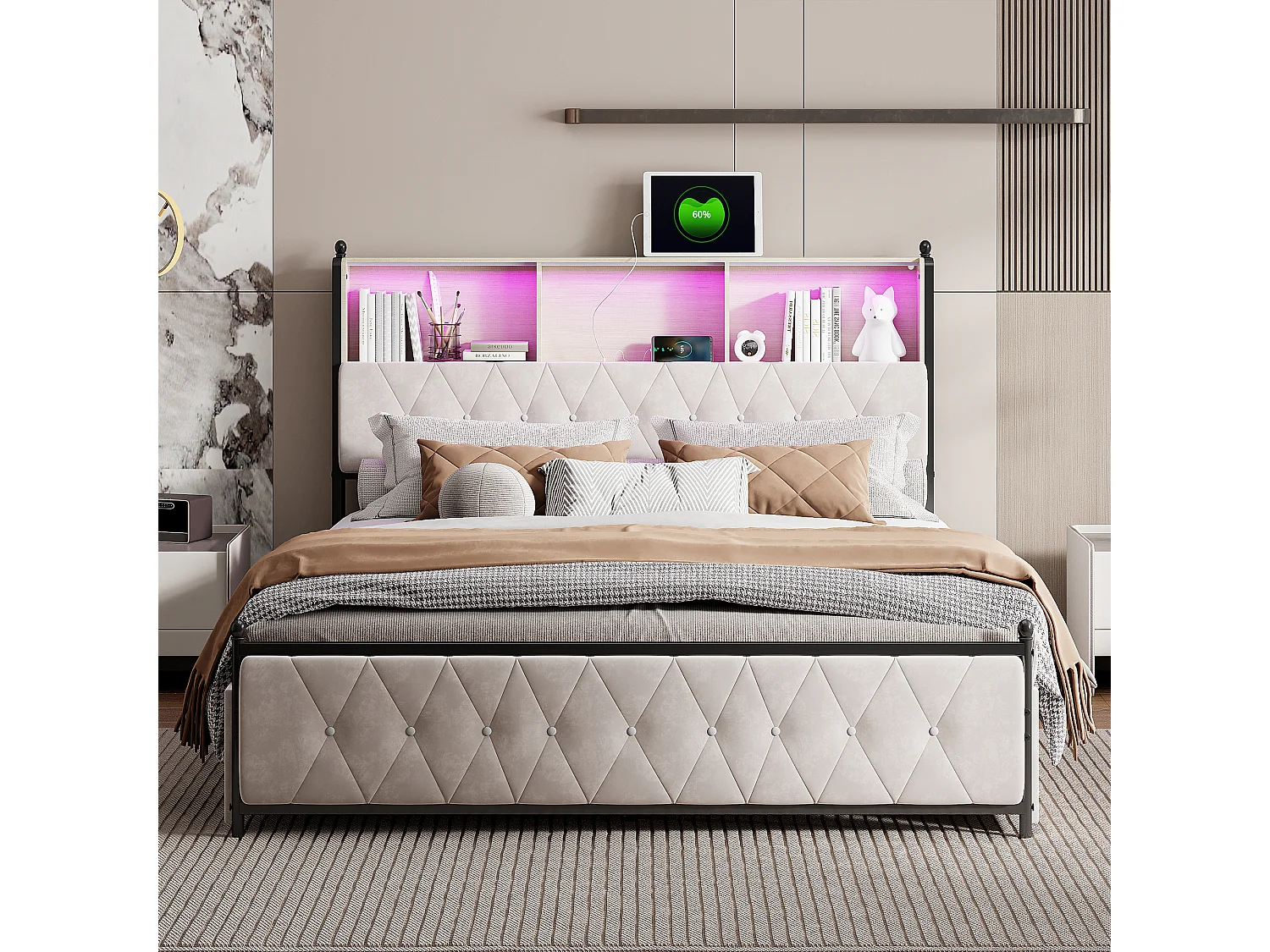 Lit Double 180x200cm avec LED et 4 Tiroirs,Compartiments de Rangement dans la tête de Lit,Charge USB/Type-C,Beige-Velours