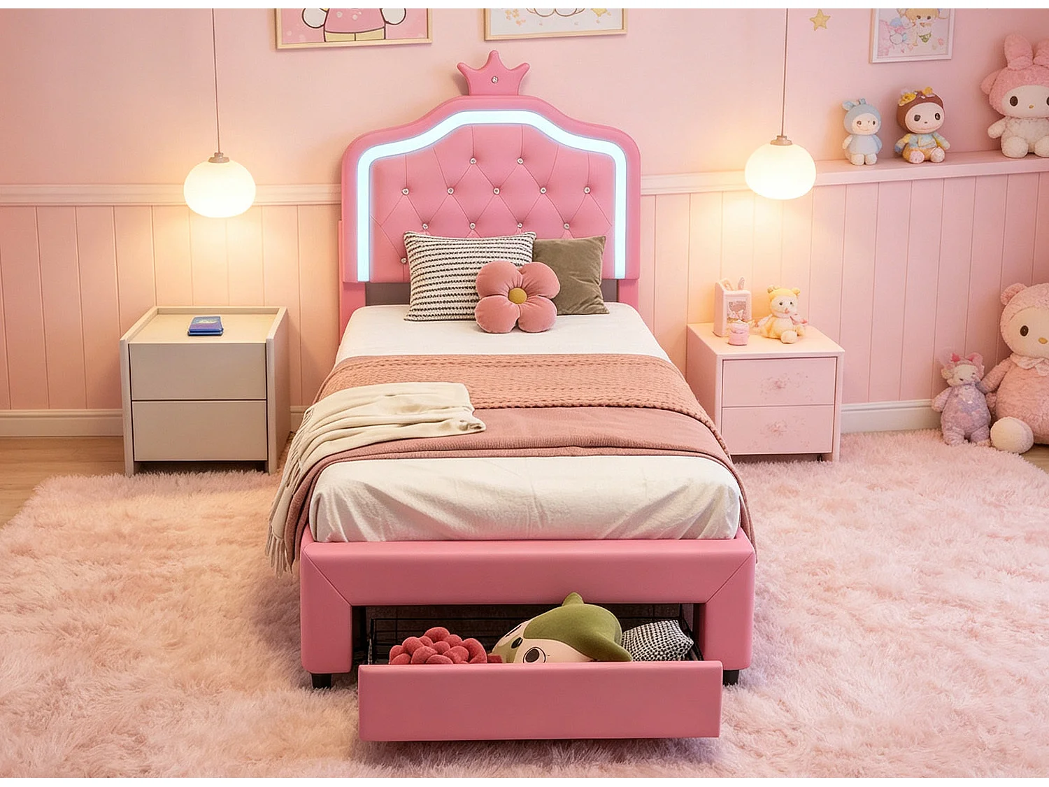 Lit enfant rembourré 90x200cm,lits simple LED pour fille avec tiroirs, cadre de lit avec tête de lit et sommier à lattes, PU Rose