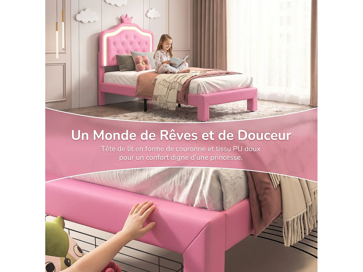 Lit enfant rembourré 90x200cm,lits simple LED pour fille avec tiroirs, cadre de lit avec tête de lit et sommier à lattes, PU Rose