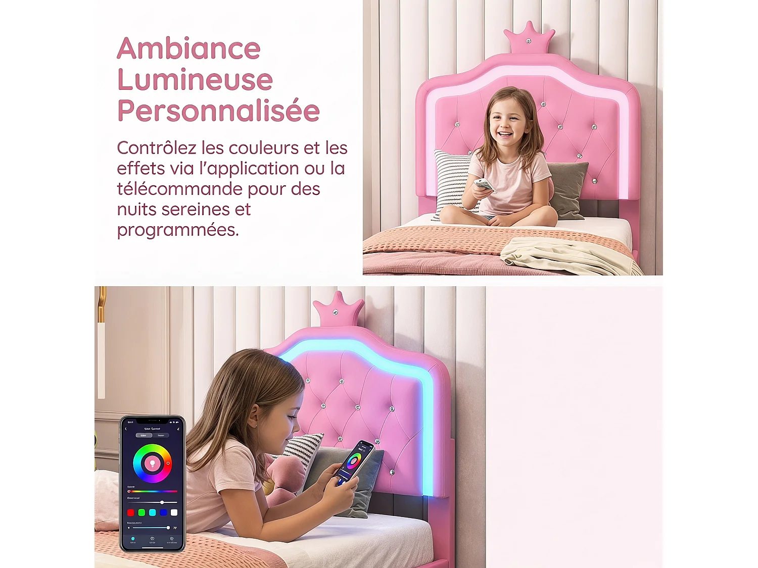 Lit enfant rembourré 90x200cm,lits simple LED pour fille avec tiroirs, cadre de lit avec tête de lit et sommier à lattes, PU Rose