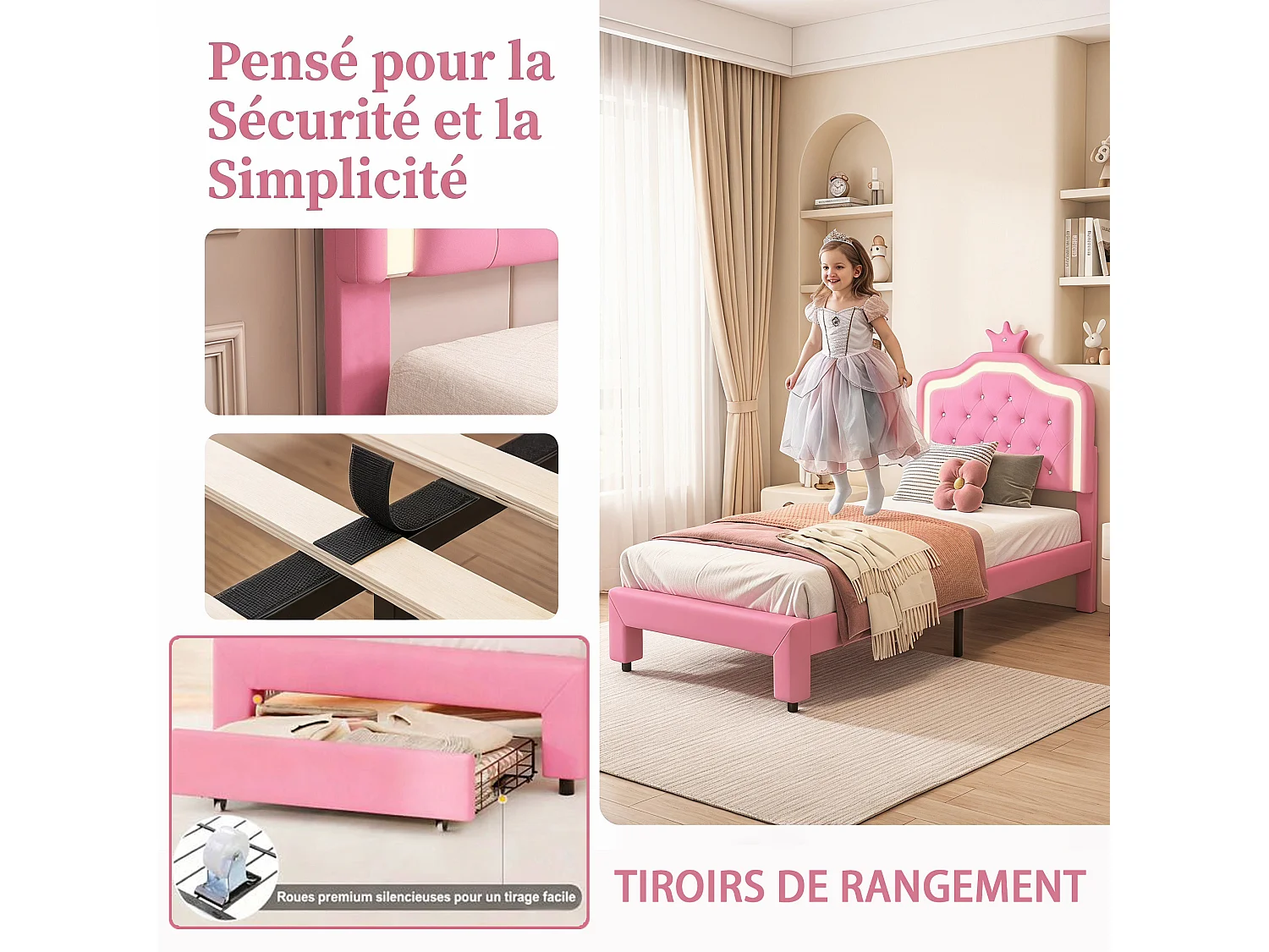 Lit enfant rembourré 90x200cm,lits simple LED pour fille avec tiroirs, cadre de lit avec tête de lit et sommier à lattes, PU Rose