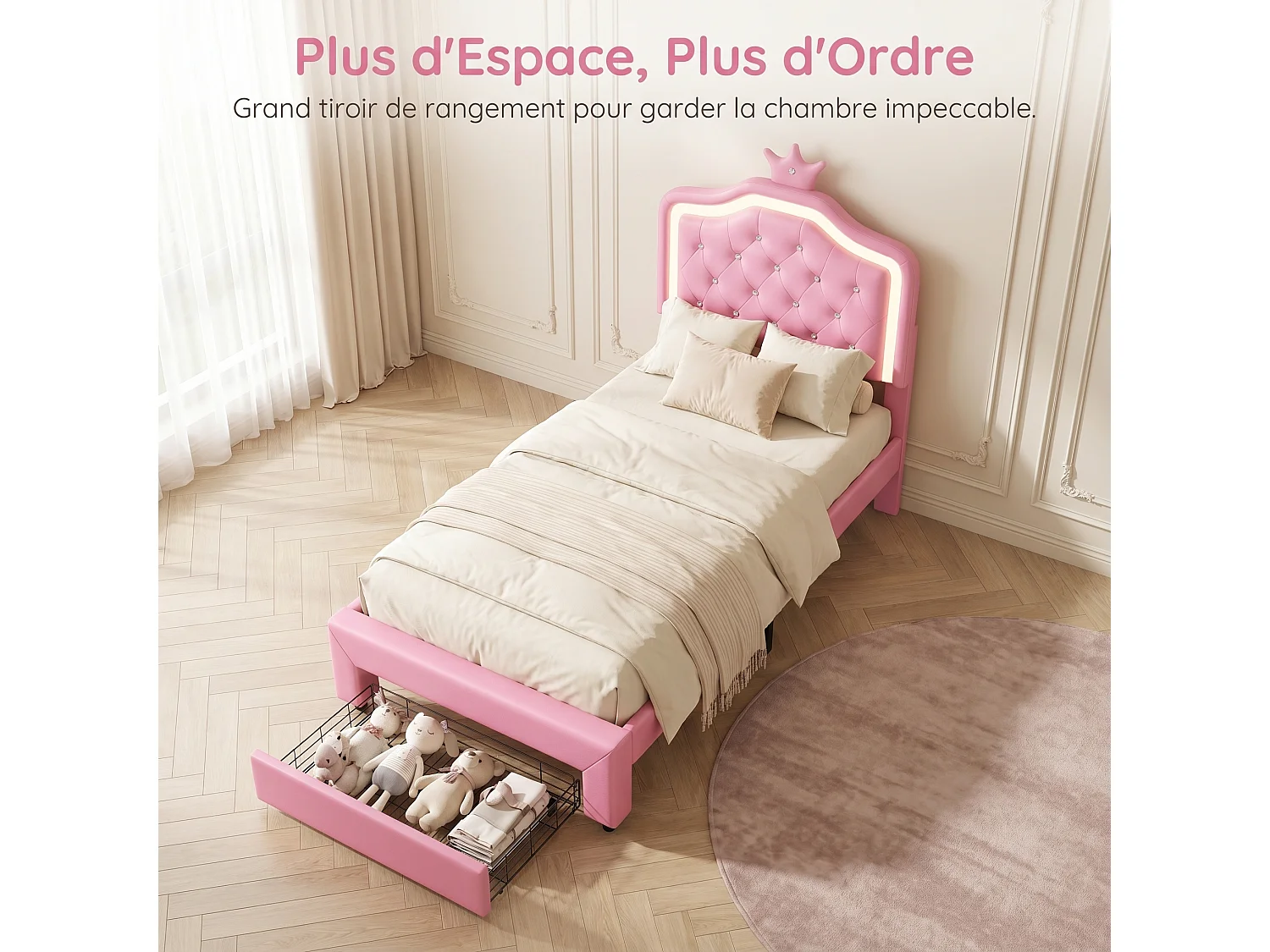 Lit enfant rembourré 90x200cm,lits simple LED pour fille avec tiroirs, cadre de lit avec tête de lit et sommier à lattes, PU Rose