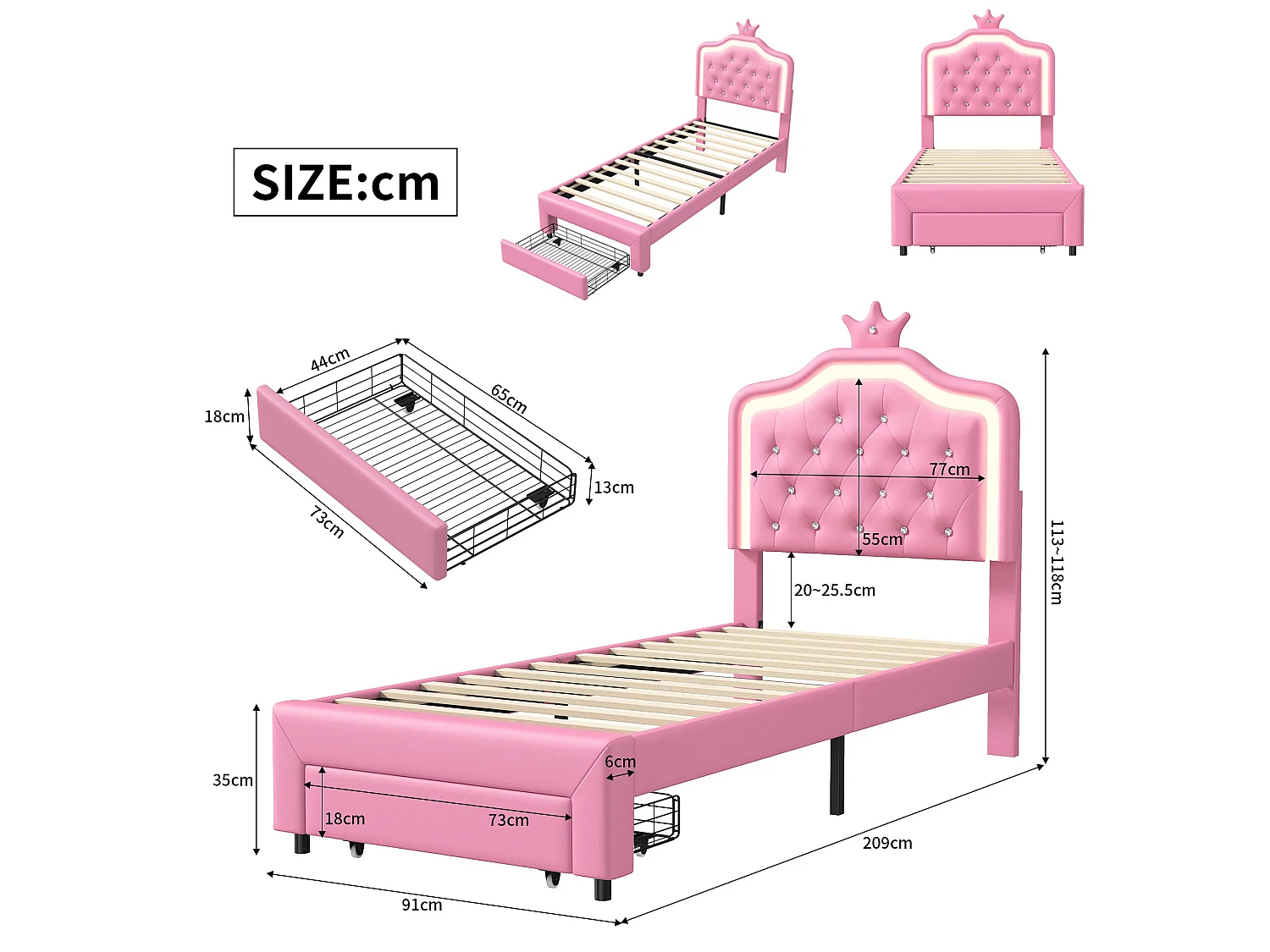 Lit enfant rembourré 90x200cm,lits simple LED pour fille avec tiroirs, cadre de lit avec tête de lit et sommier à lattes, PU Rose
