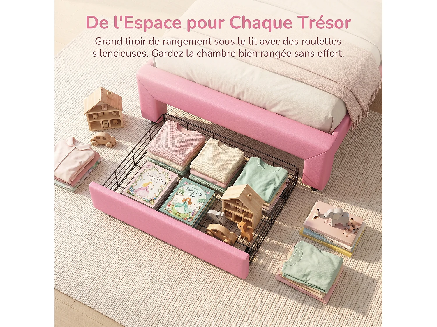 Lit enfant rembourré 90x200cm,lits simple LED pour fille avec tiroirs, cadre de lit avec tête de lit et sommier à lattes, PU Rose