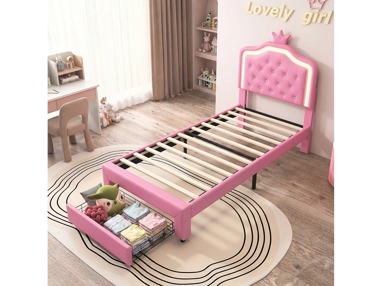 Lit enfant rembourré 90x200cm,lits simple LED pour fille avec tiroirs, cadre de lit avec tête de lit et sommier à lattes, PU Rose
