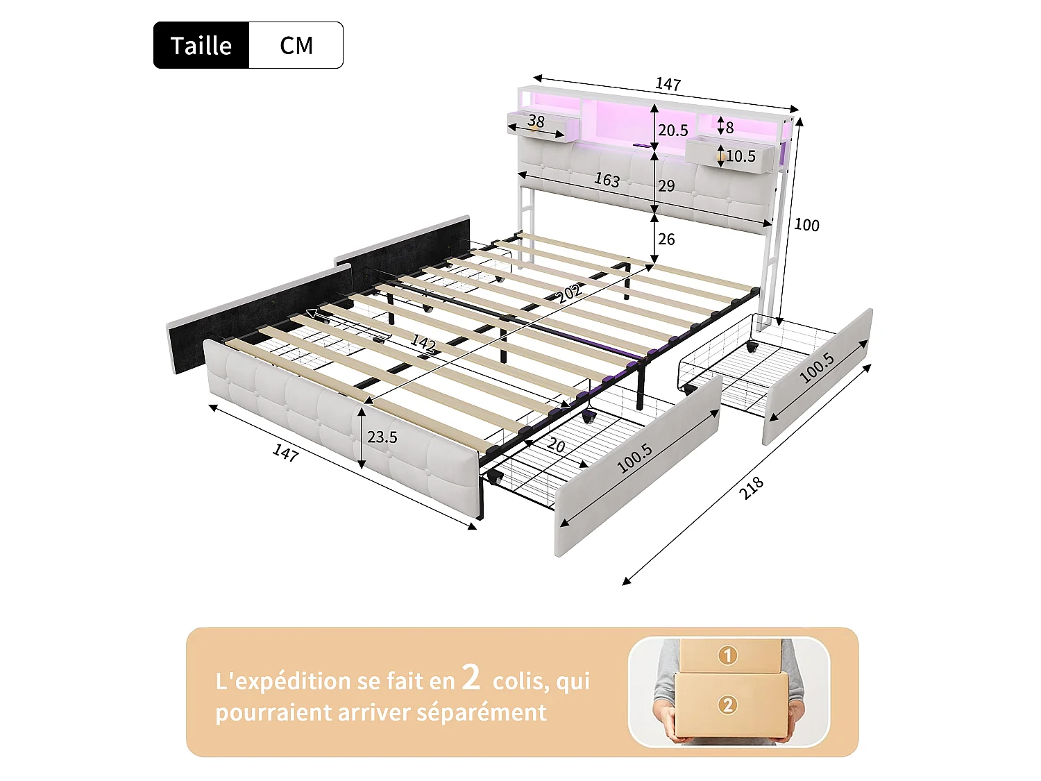 Lit 140x200 Capitonné avec 4 Tiroirs et LED,Station Recharge USB/Type-C,Tête de Lit Rangement,Cadre de Lit 2 Place,Velours Beige