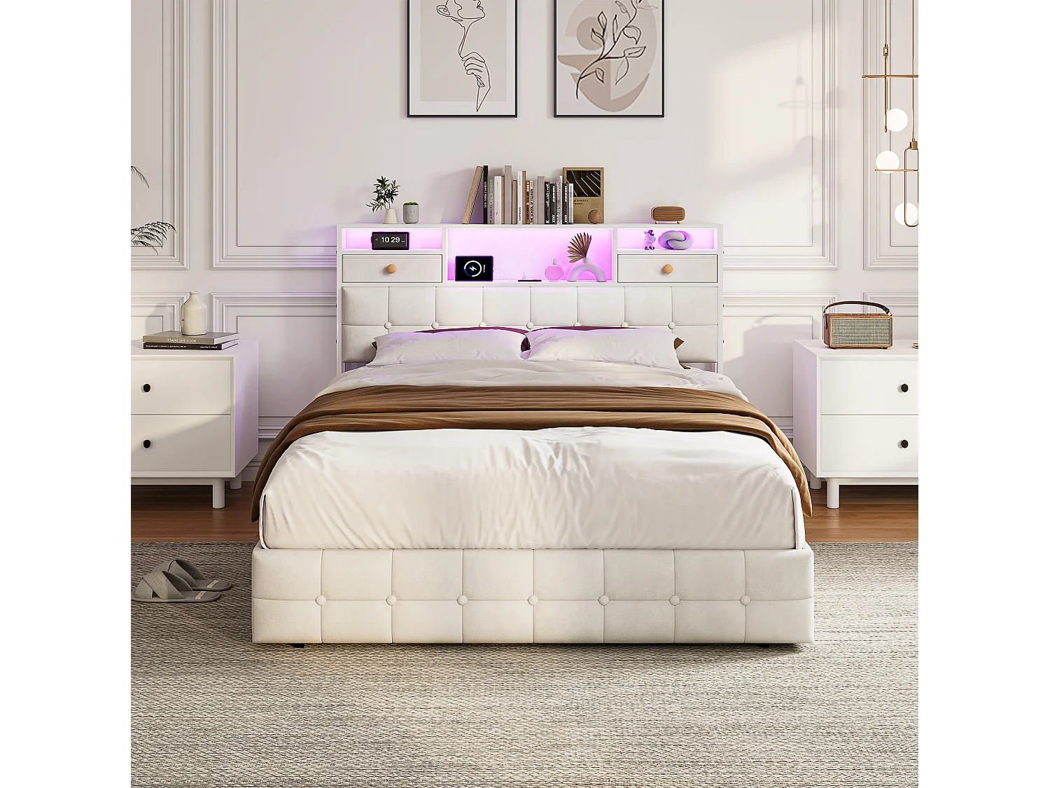 Lit 140x200 Capitonné avec 4 Tiroirs et LED,Station Recharge USB/Type-C,Tête de Lit Rangement,Cadre de Lit 2 Place,Velours Beige