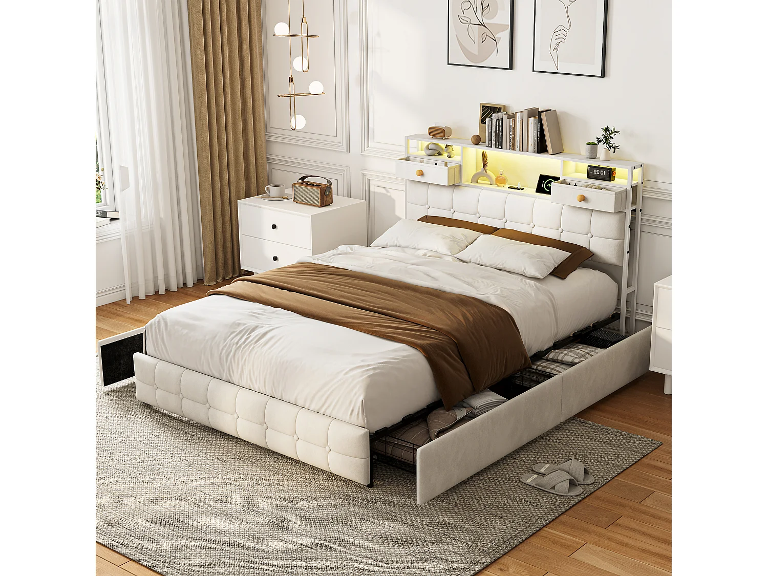 Lit 140x200 Capitonné avec 4 Tiroirs et LED,Station Recharge USB/Type-C,Tête de Lit Rangement,Cadre de Lit 2 Place,Velours Beige