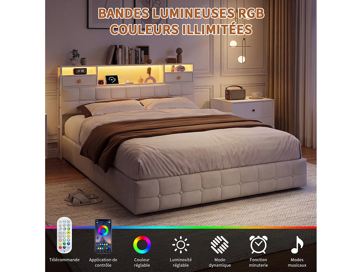 Lit 160x200 Capitonné avec 4 Tiroirs et LED,Station Recharge USB/Type-C,Tête de Lit Rangement,Cadre de Lit 2/3 Place,Velours Beige