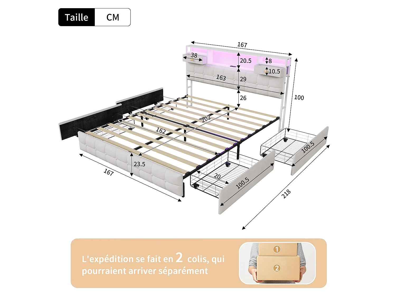 Lit 160x200 Capitonné avec 4 Tiroirs et LED,Station Recharge USB/Type-C,Tête de Lit Rangement,Cadre de Lit 2/3 Place,Velours Beige