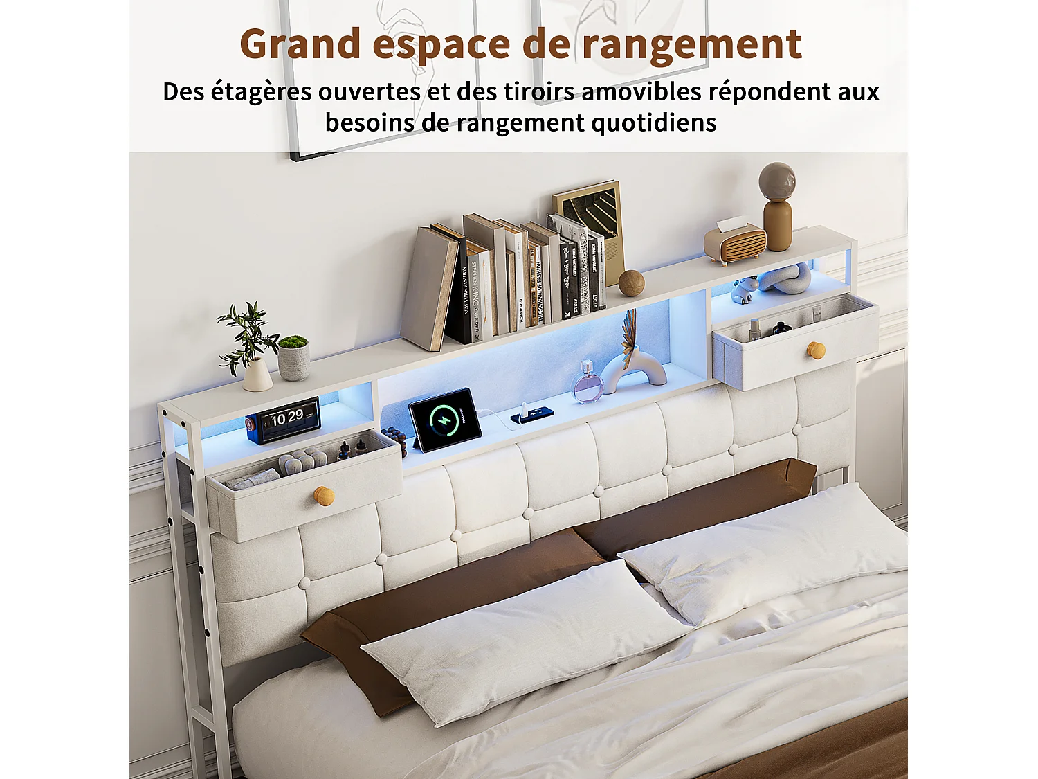 Lit 160x200 Capitonné avec 4 Tiroirs et LED,Station Recharge USB/Type-C,Tête de Lit Rangement,Cadre de Lit 2/3 Place,Velours Beige