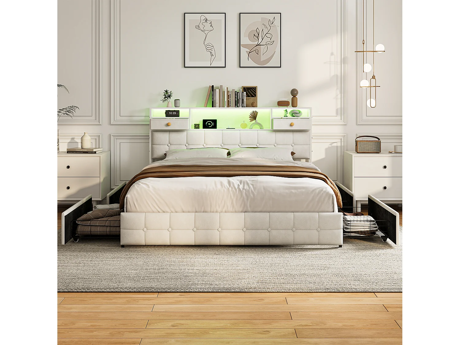 Lit 160x200 Capitonné avec 4 Tiroirs et LED,Station Recharge USB/Type-C,Tête de Lit Rangement,Cadre de Lit 2/3 Place,Velours Beige