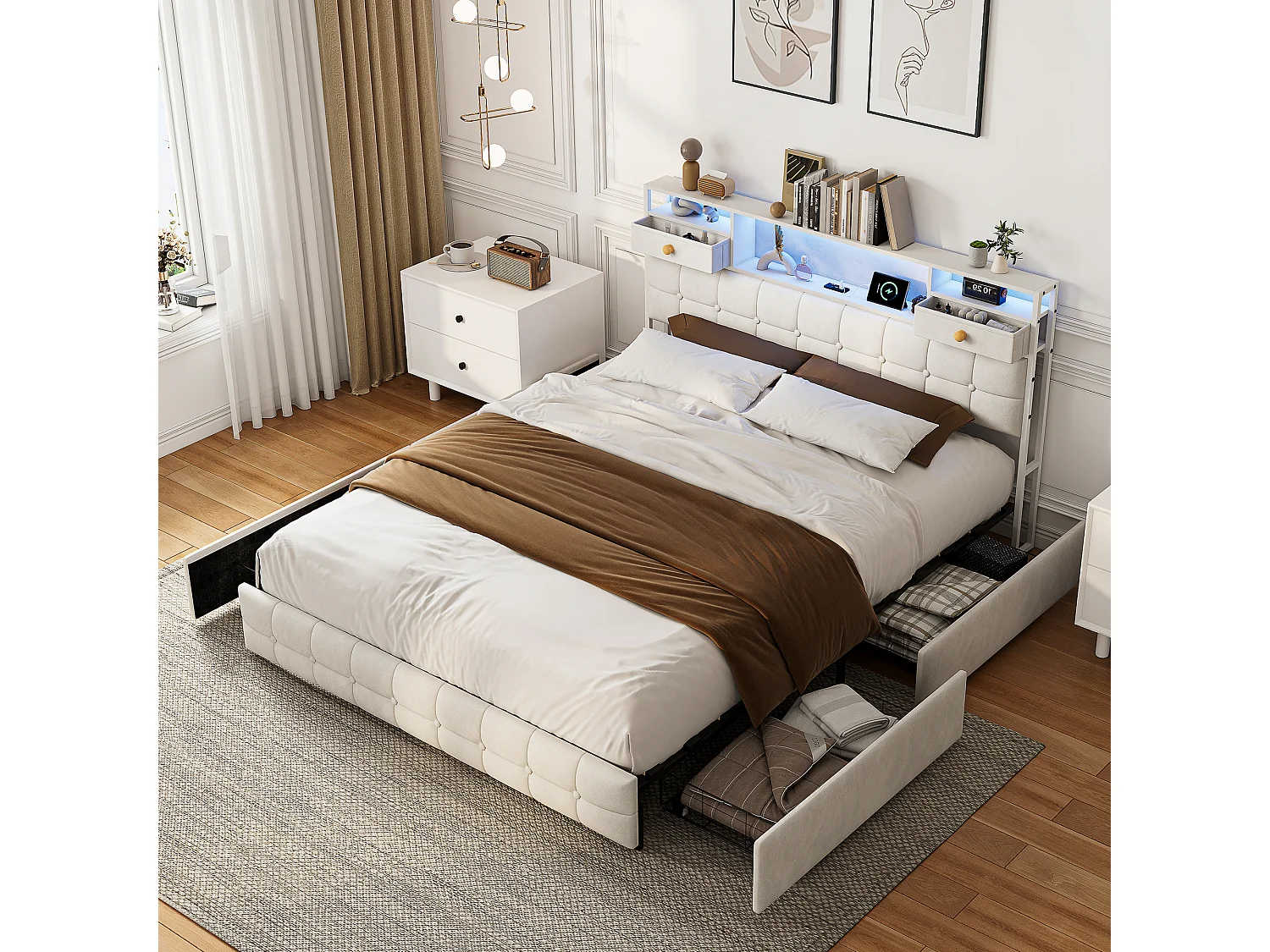 Lit 160x200 Capitonné avec 4 Tiroirs et LED,Station Recharge USB/Type-C,Tête de Lit Rangement,Cadre de Lit 2/3 Place,Velours Beige