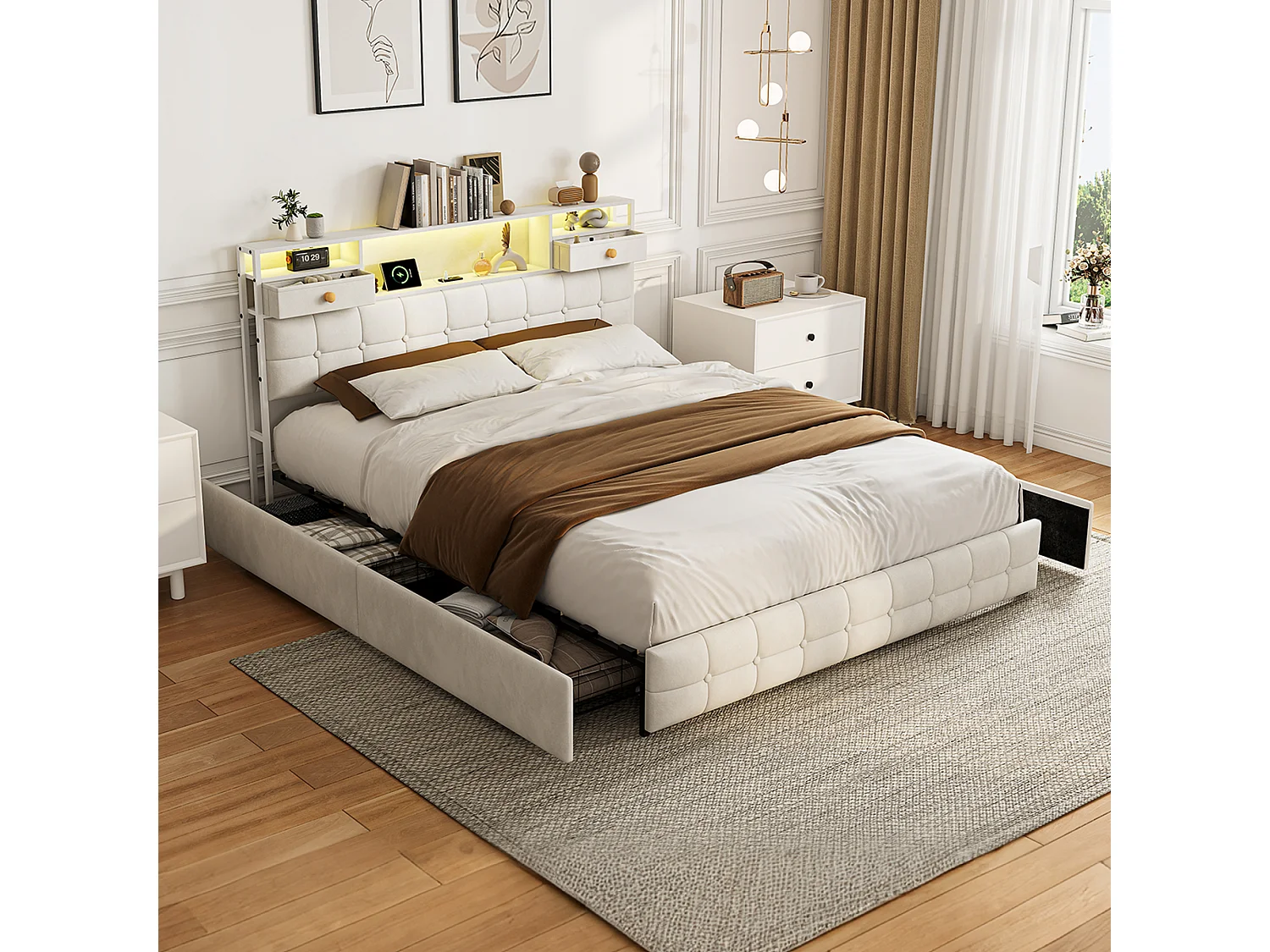 Lit 160x200 Capitonné avec 4 Tiroirs et LED,Station Recharge USB/Type-C,Tête de Lit Rangement,Cadre de Lit 2/3 Place,Velours Beige