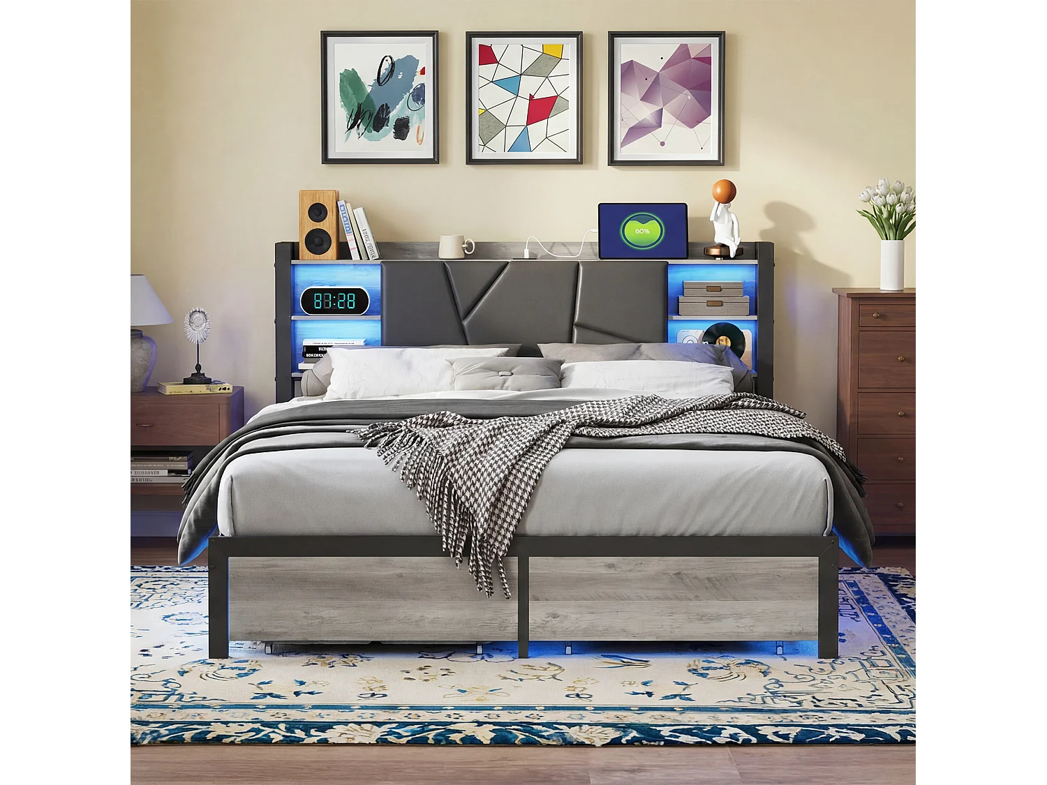 Lit en Métal 140x200CM avec Sommier et LED,2 Tiroirs et USB & Type-C,Espace de Rangement en tête de lit,tissu en PU,Noir