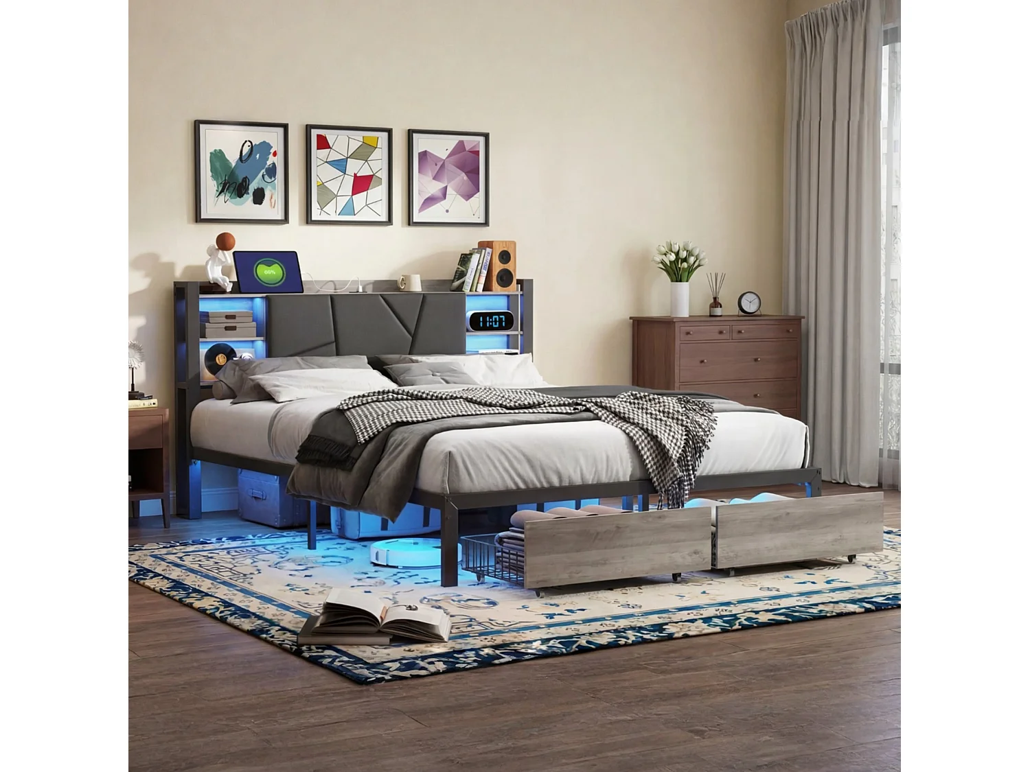 Lit en Métal 140x200CM avec Sommier et LED,2 Tiroirs et USB & Type-C,Espace de Rangement en tête de lit,tissu en PU,Noir