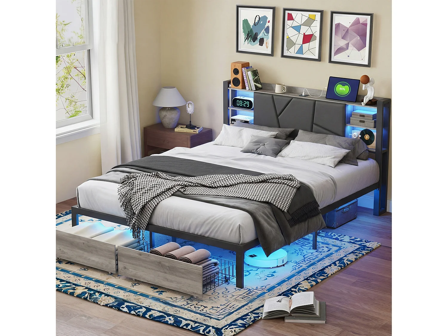 Lit en Métal 160x200CM avec Sommier et LED,2 Tiroirs et USB & Type-C,Espace de Rangement en tête de lit,tissu en PU,Noir