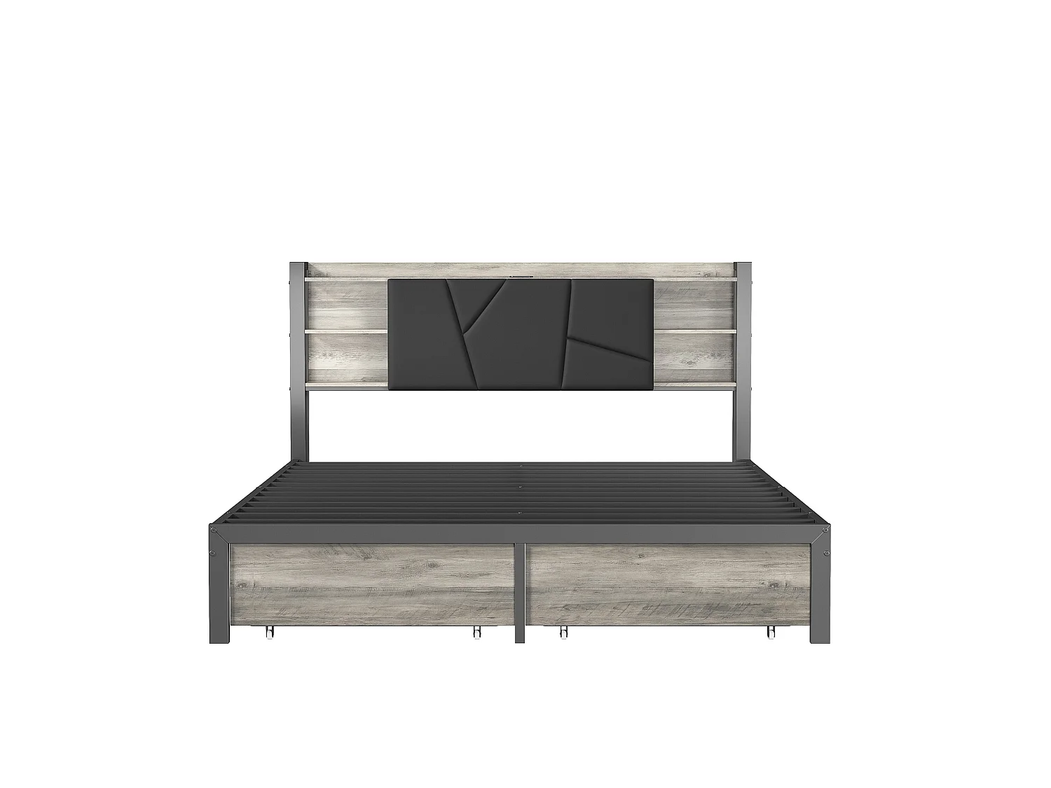 Lit en Métal 160x200CM avec Sommier et LED,2 Tiroirs et USB & Type-C,Espace de Rangement en tête de lit,tissu en PU,Noir